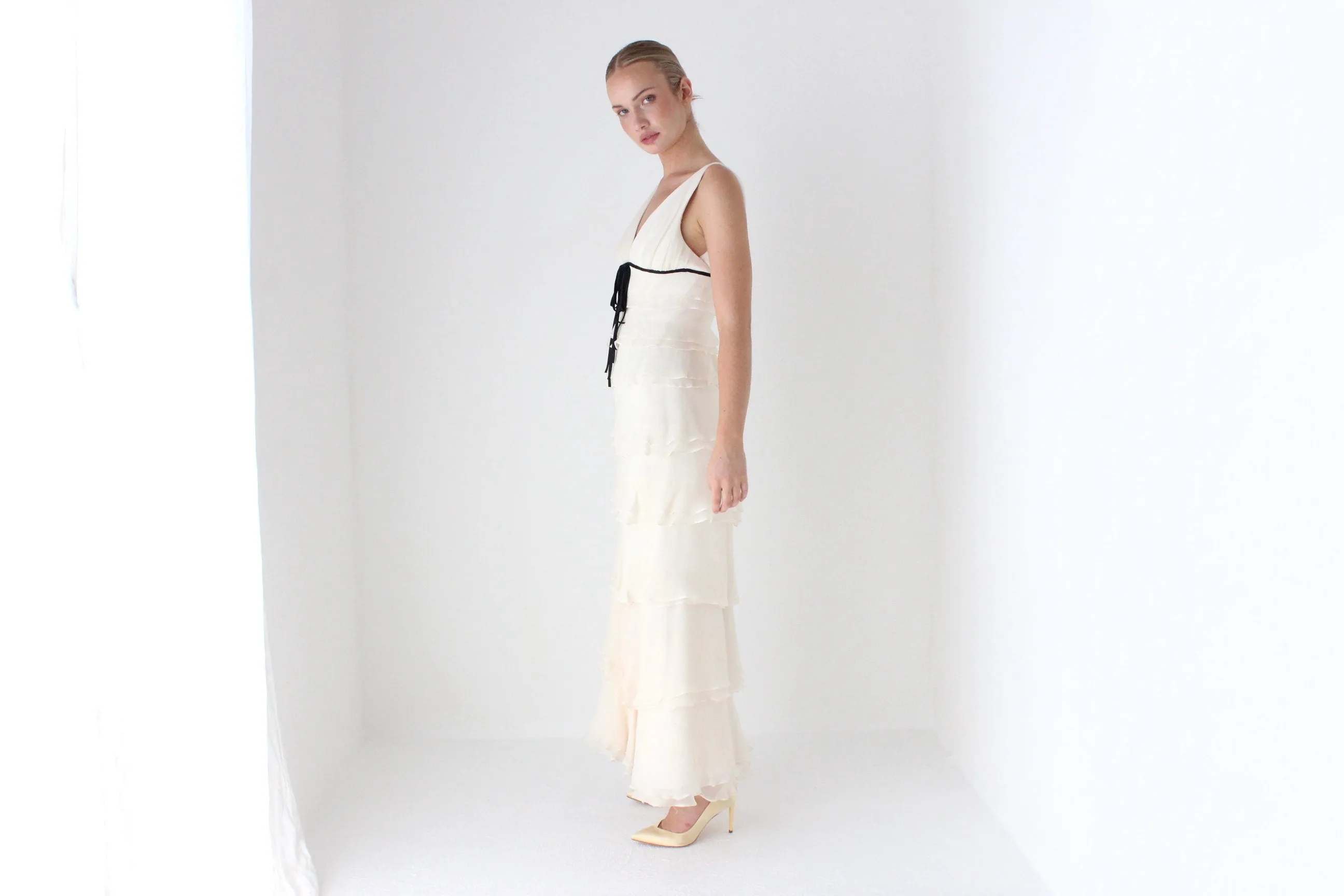 1990s Melinda Eng Romantic Cascading Silk Ruffle Wedding Gown