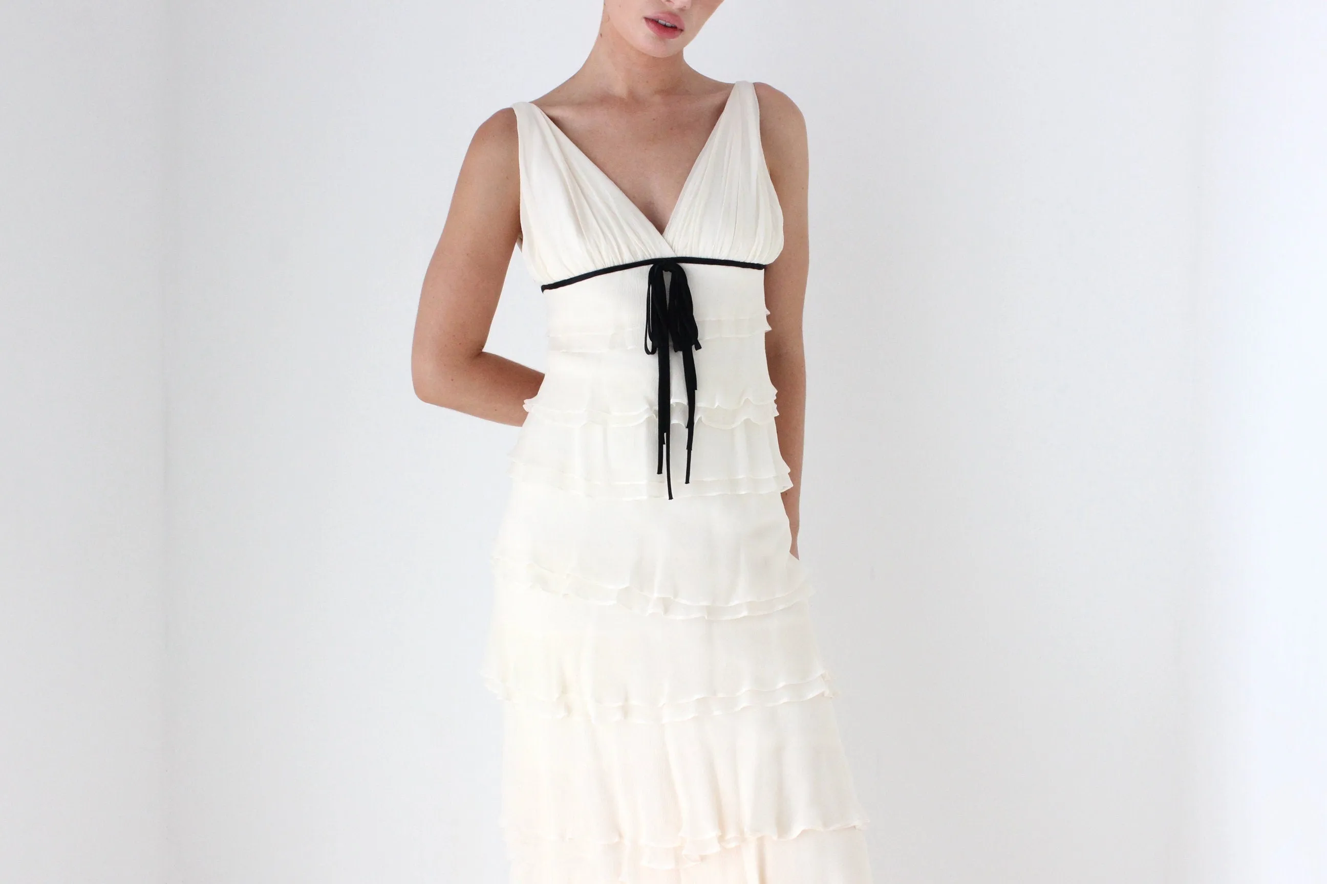 1990s Melinda Eng Romantic Cascading Silk Ruffle Wedding Gown