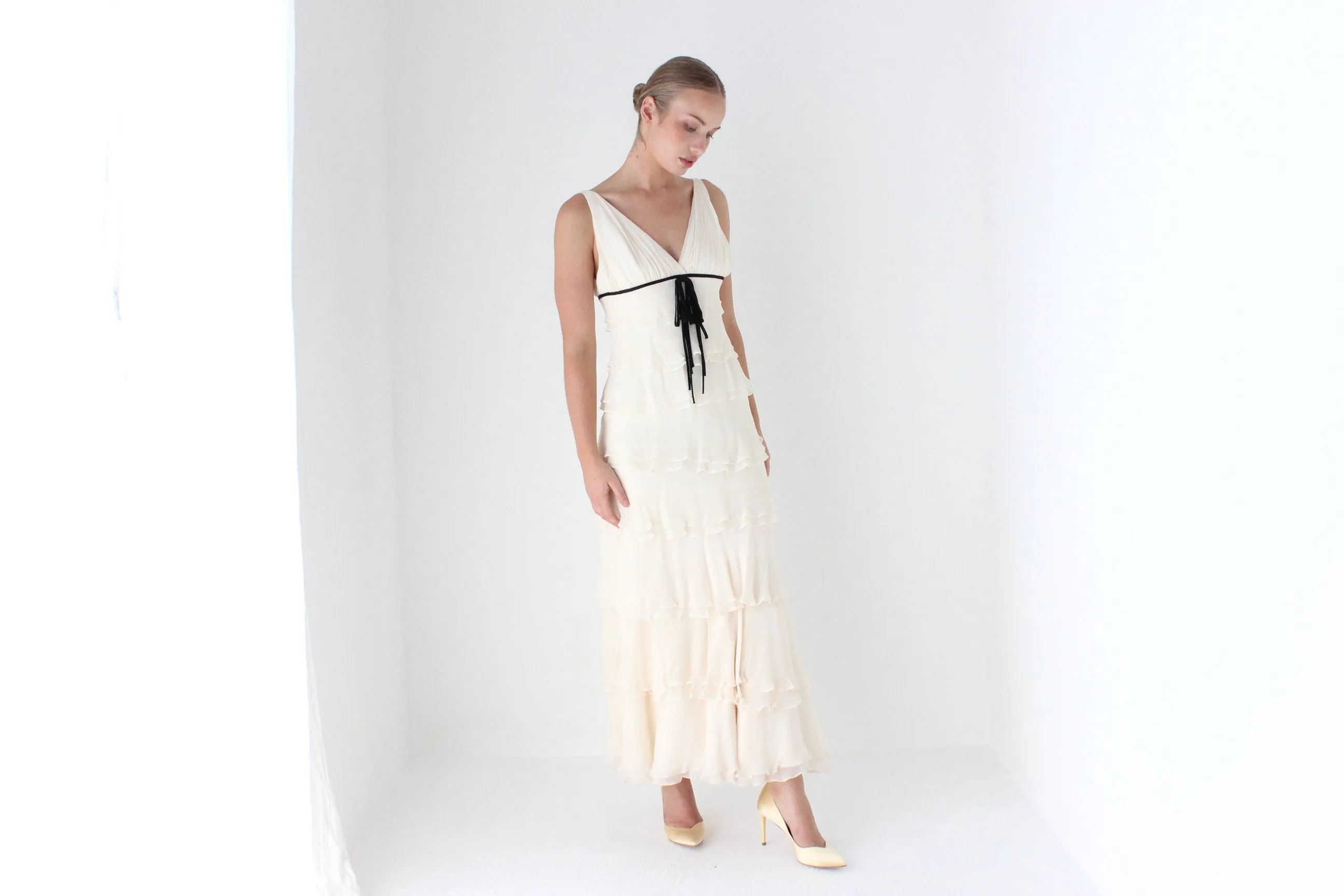 1990s Melinda Eng Romantic Cascading Silk Ruffle Wedding Gown