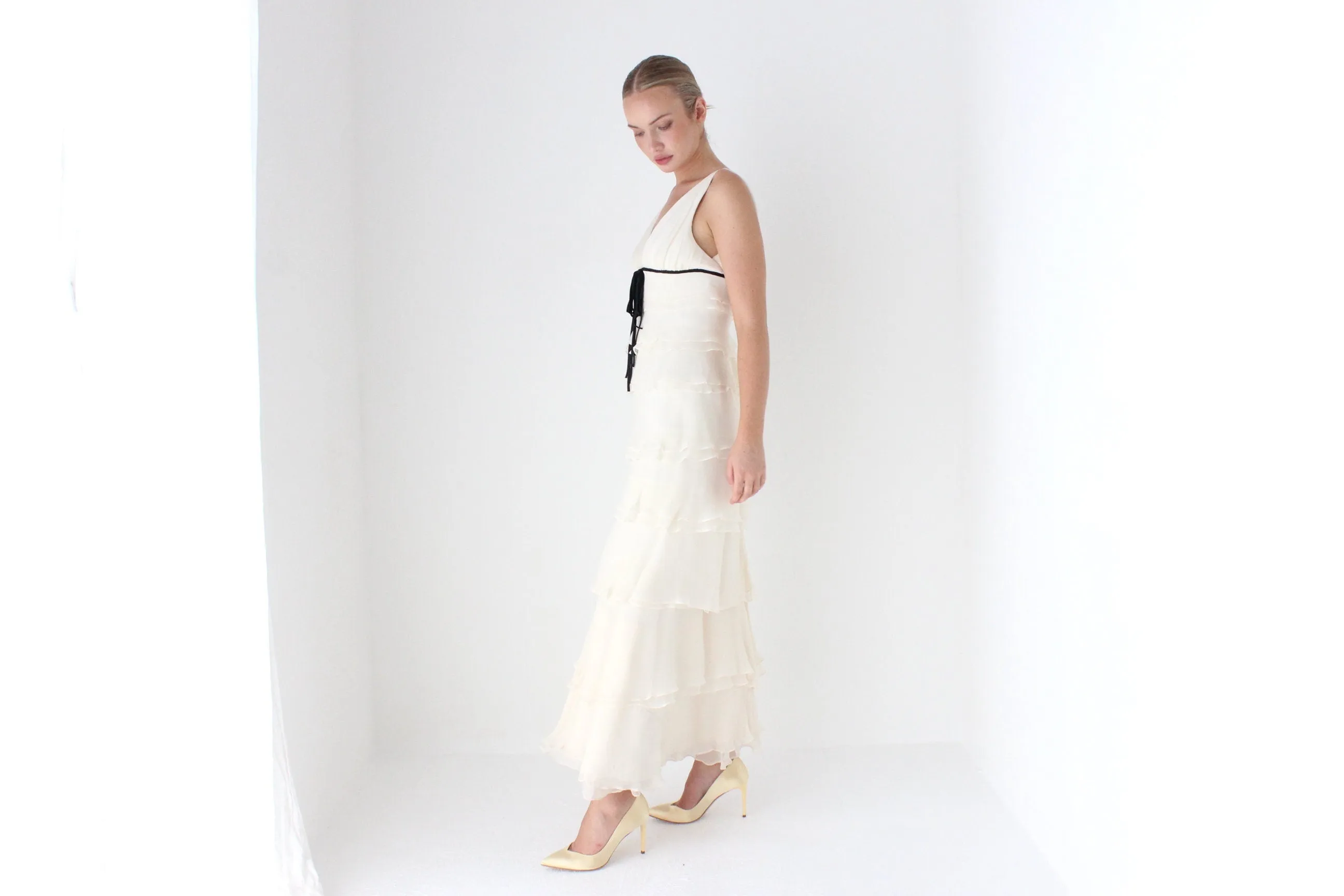 1990s Melinda Eng Romantic Cascading Silk Ruffle Wedding Gown