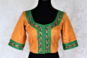 404269 Orange and Green Embroidered Silk Saree Blouse