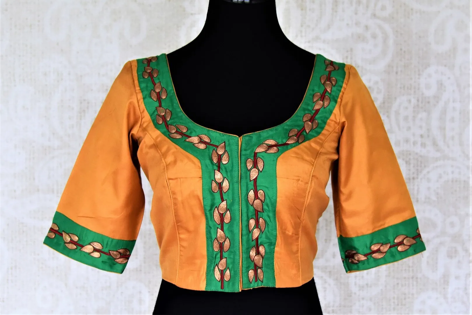404269 Orange and Green Embroidered Silk Saree Blouse