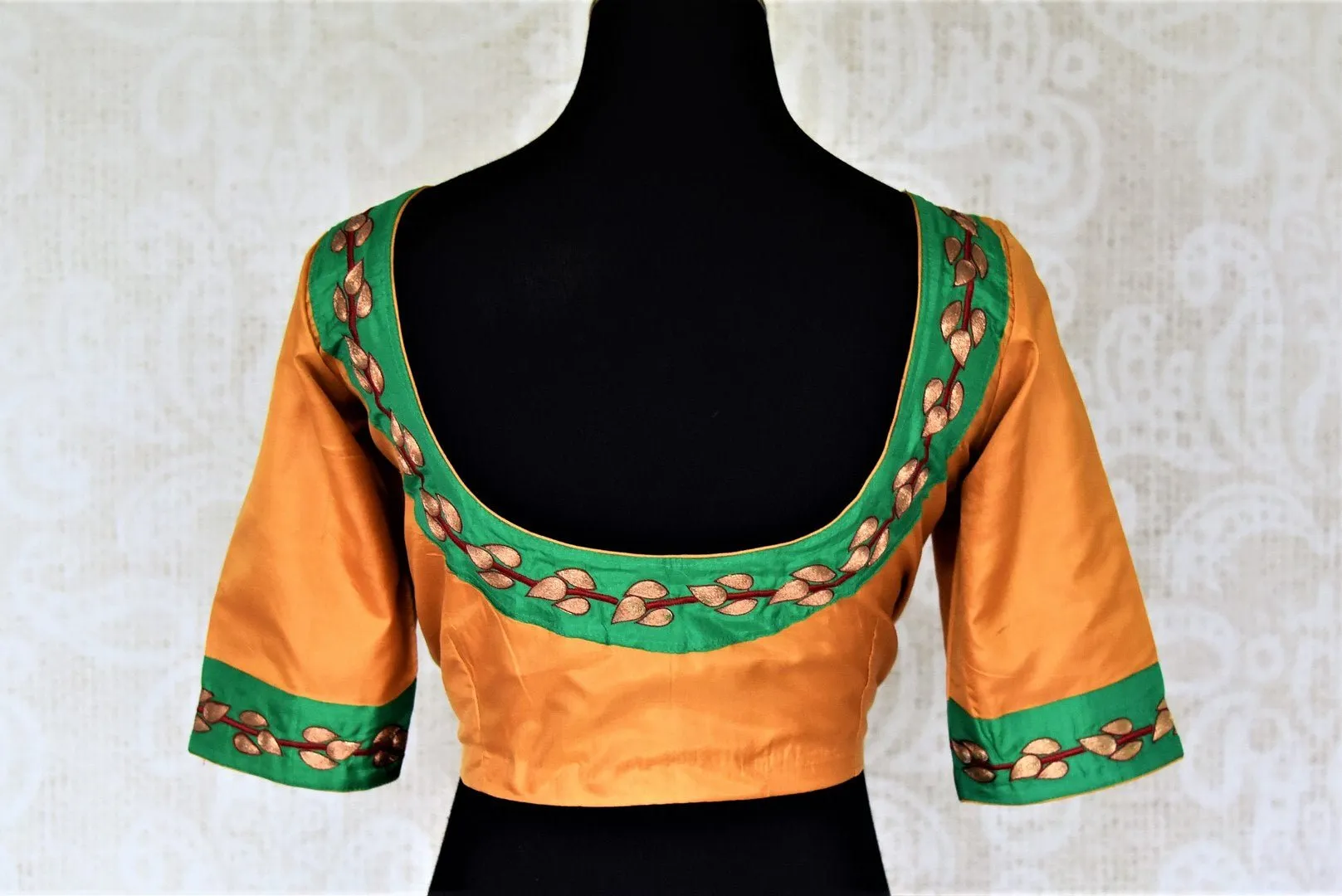 404269 Orange and Green Embroidered Silk Saree Blouse