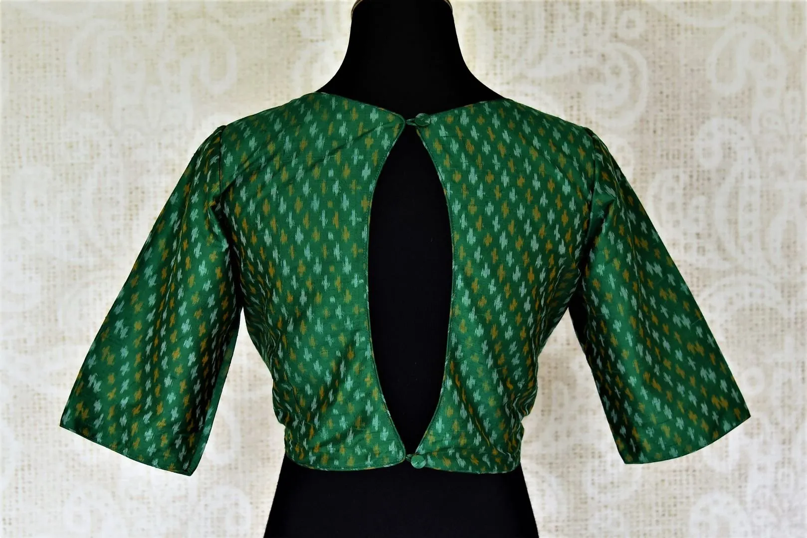 404274 Dark Green Silk Ikkat Sari Blouse with KeyHole Back