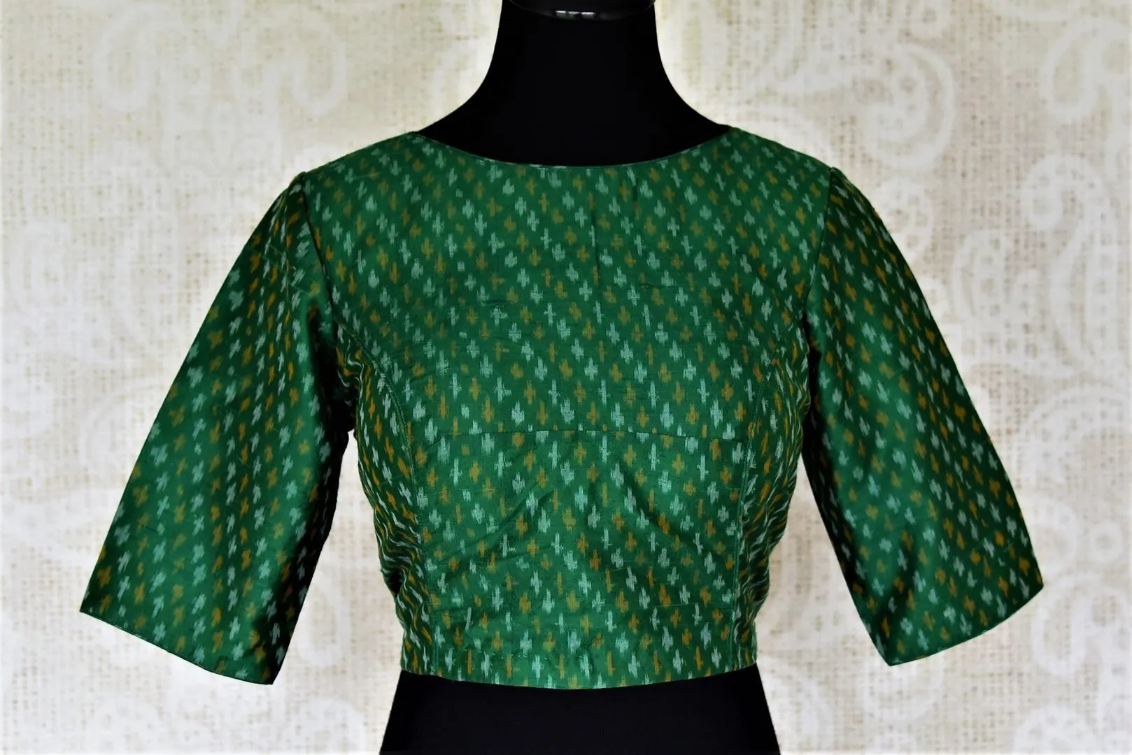 404274 Dark Green Silk Ikkat Sari Blouse with KeyHole Back