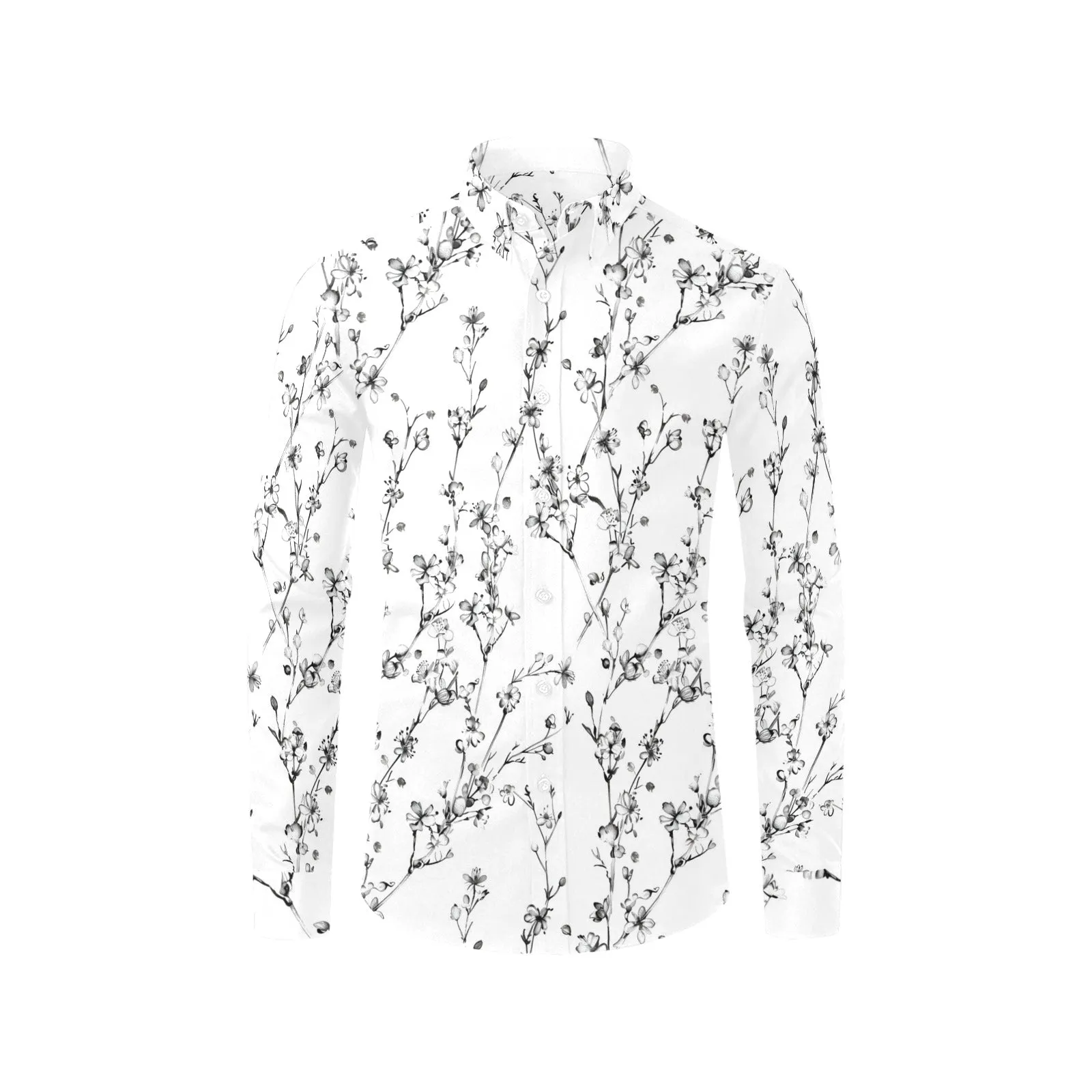 Black and White Floral Long Sleeve Men Button Up Shirt, Flowers Summer Print Dress Buttoned Collar Casual Male Guy Shirt