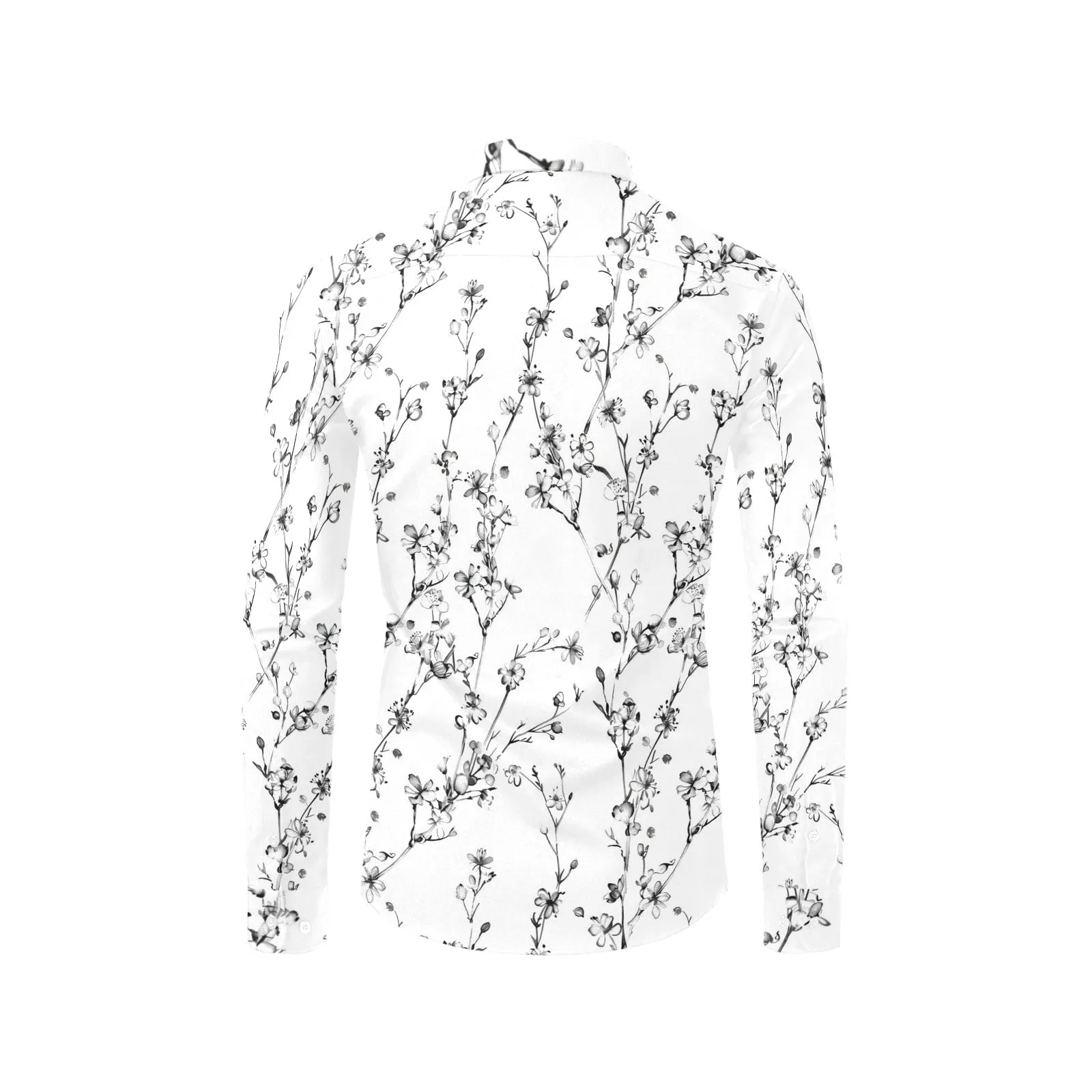 Black and White Floral Long Sleeve Men Button Up Shirt, Flowers Summer Print Dress Buttoned Collar Casual Male Guy Shirt