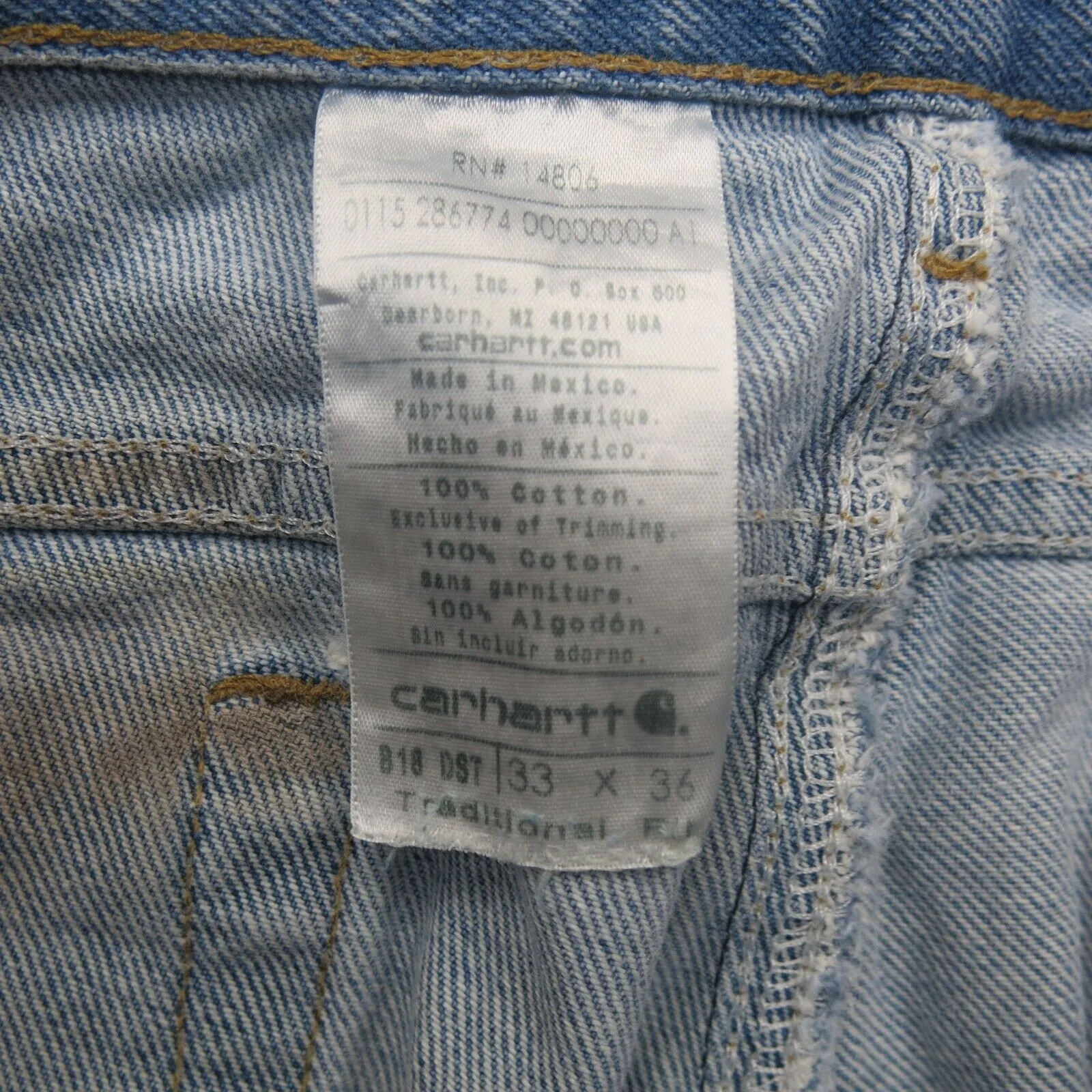 Carhartt Mens Jeans Straight Leg High Rise 100% Cotton Pockets Blue Size W33xL36