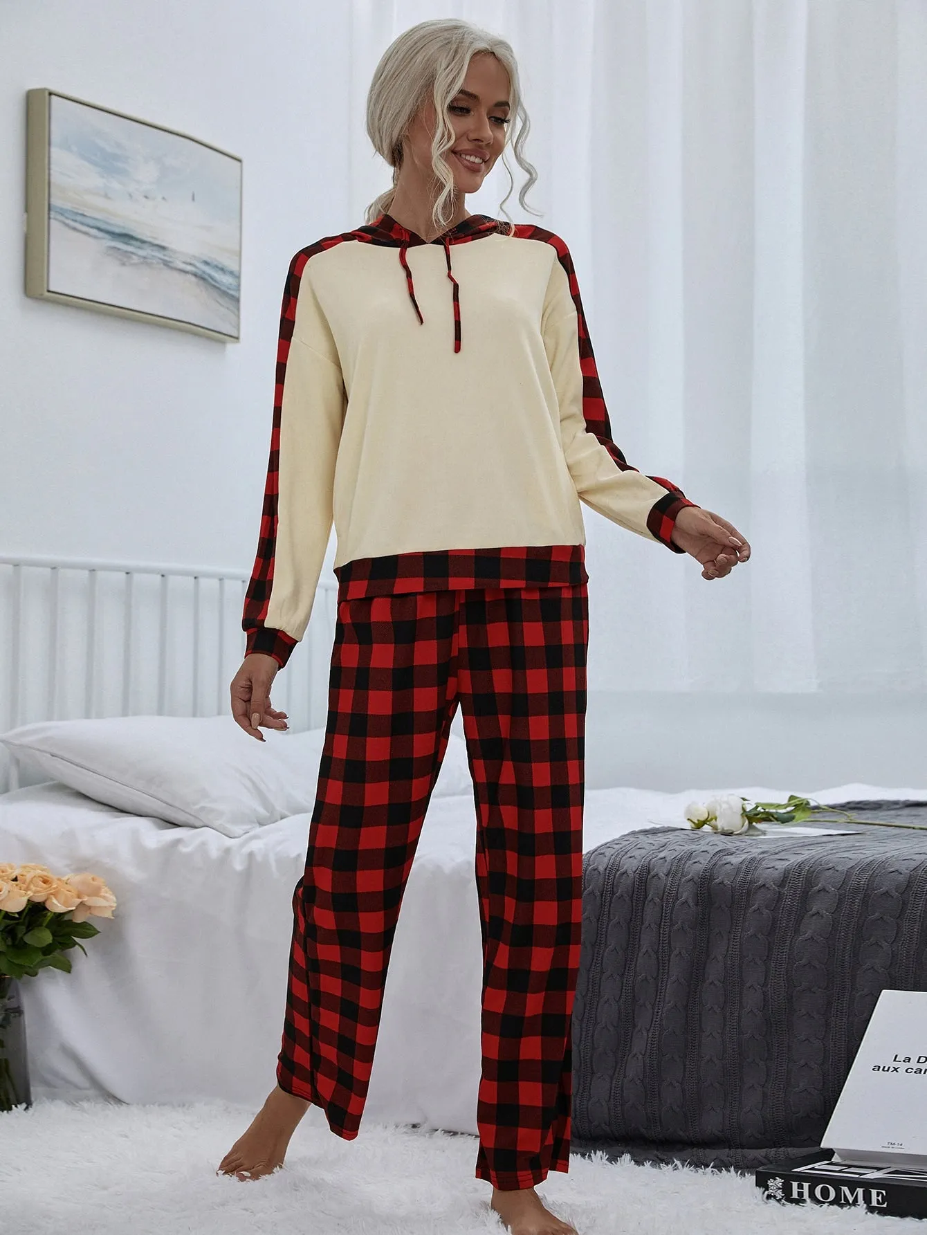 Casual Gingham Drawstring Long Sleeve Hooded Women Pajama Sets