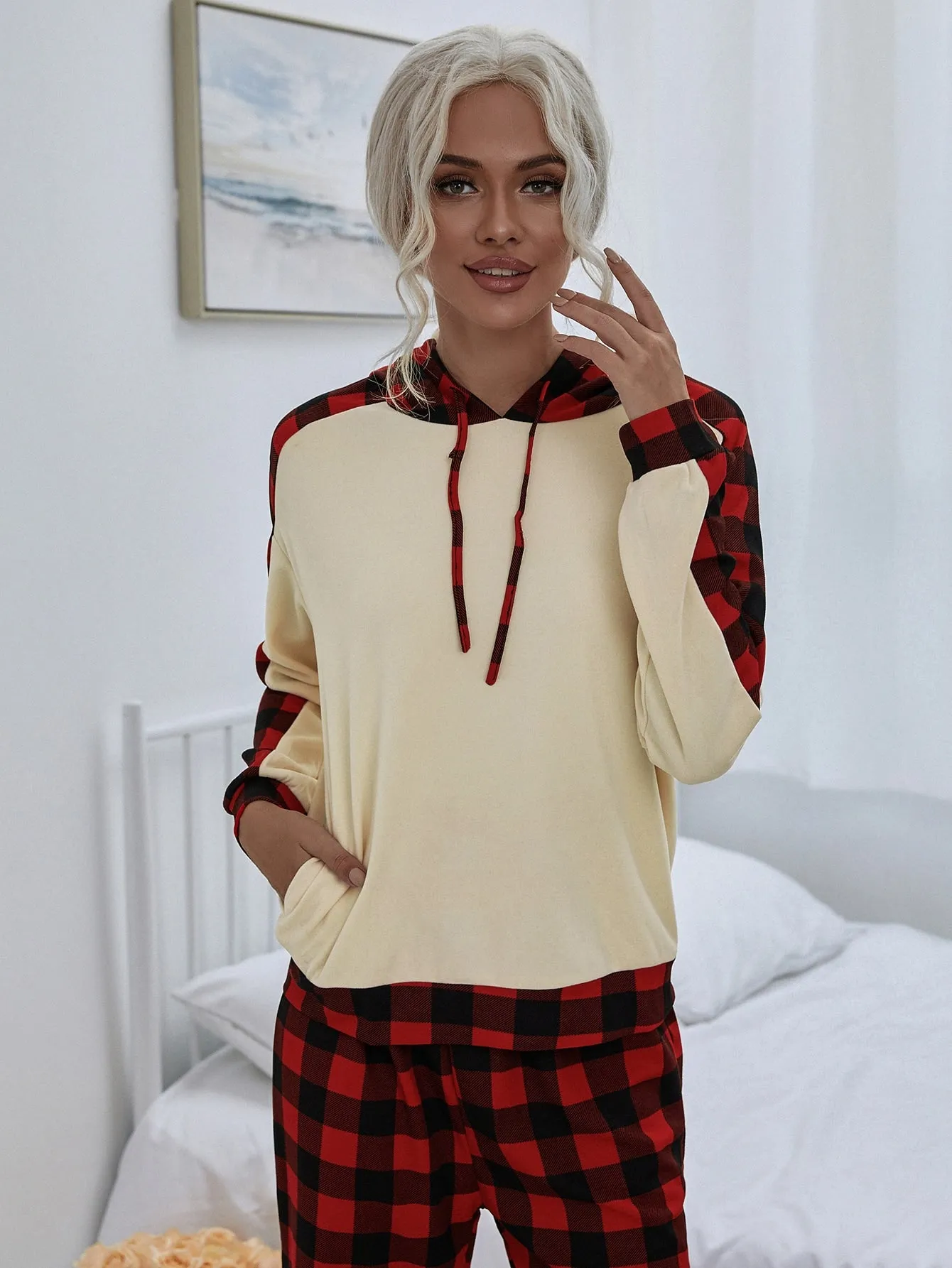 Casual Gingham Drawstring Long Sleeve Hooded Women Pajama Sets