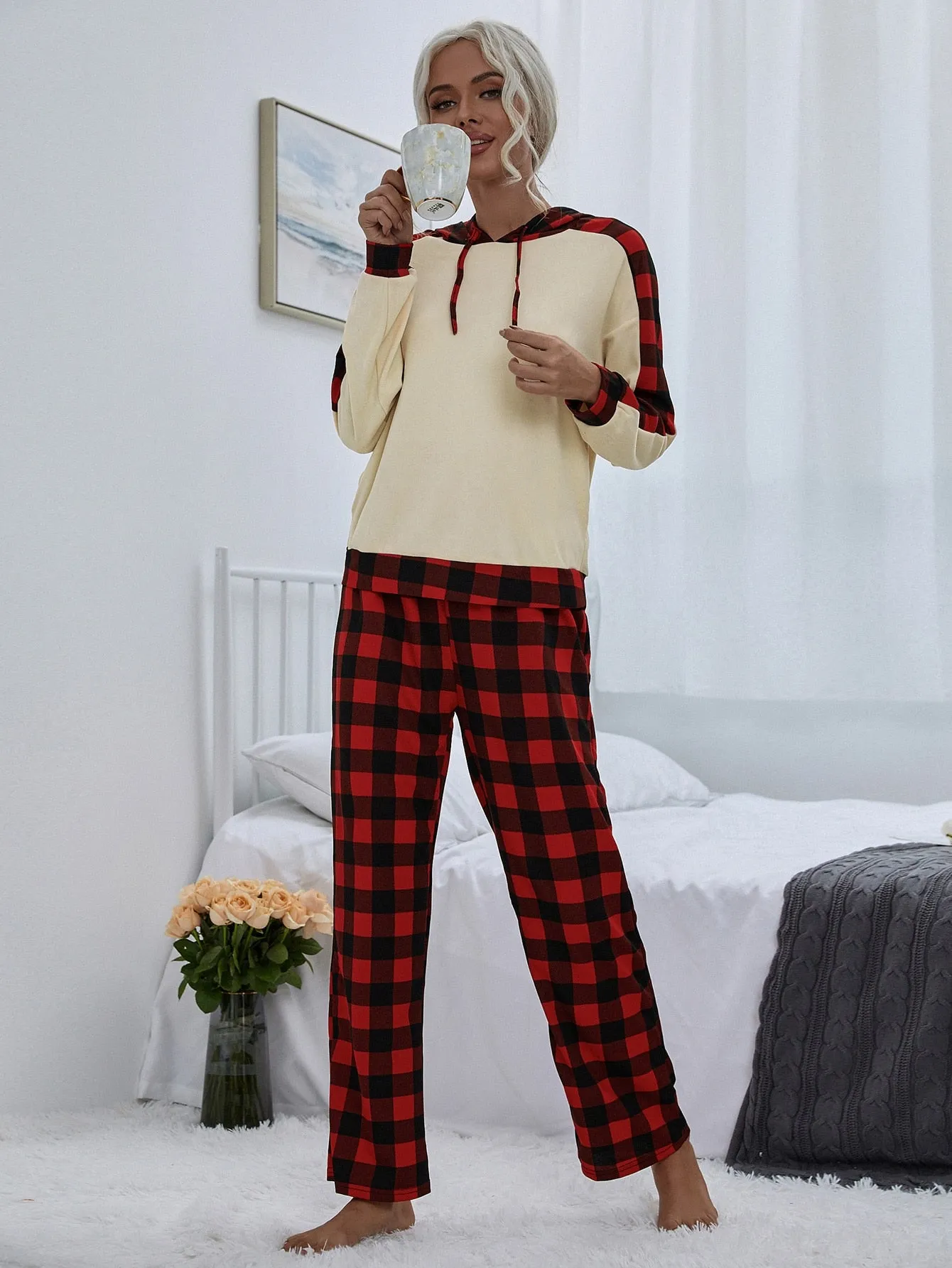 Casual Gingham Drawstring Long Sleeve Hooded Women Pajama Sets