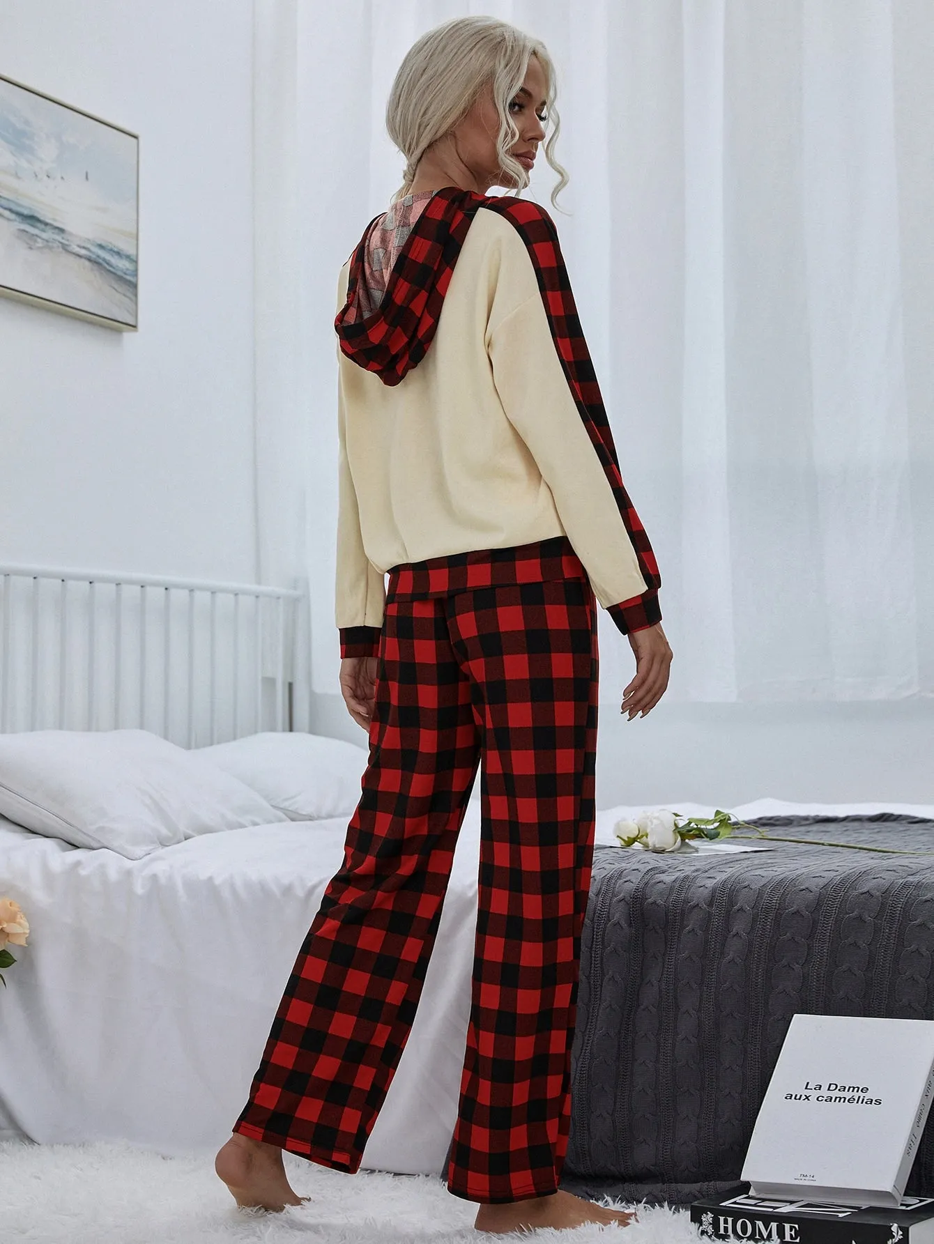 Casual Gingham Drawstring Long Sleeve Hooded Women Pajama Sets