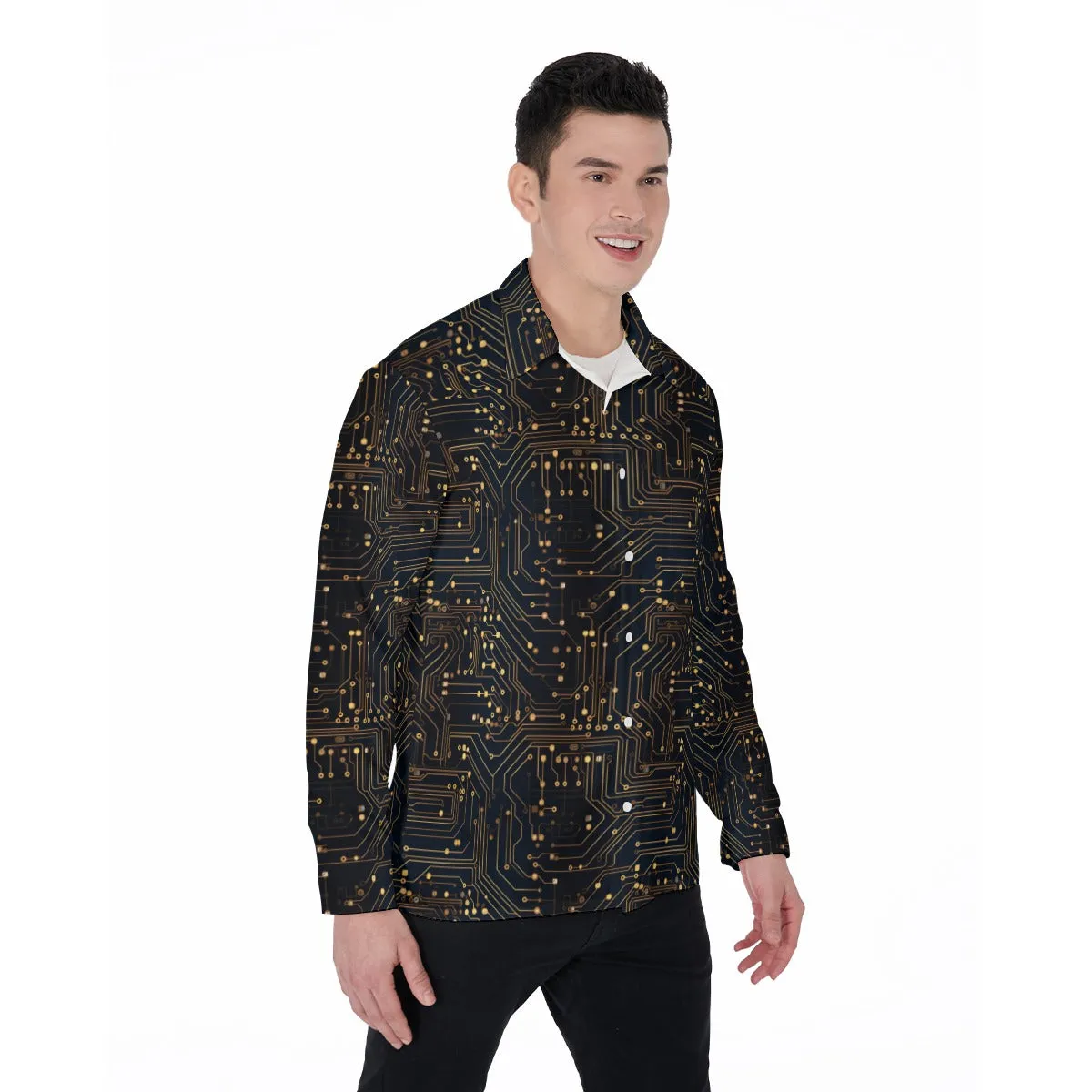 Engineer Men's Lapel Collar Shirt, Circuit Board Programmer Robot Coder Long Sleeve Button Up Dress Nerd Office Plus Size
