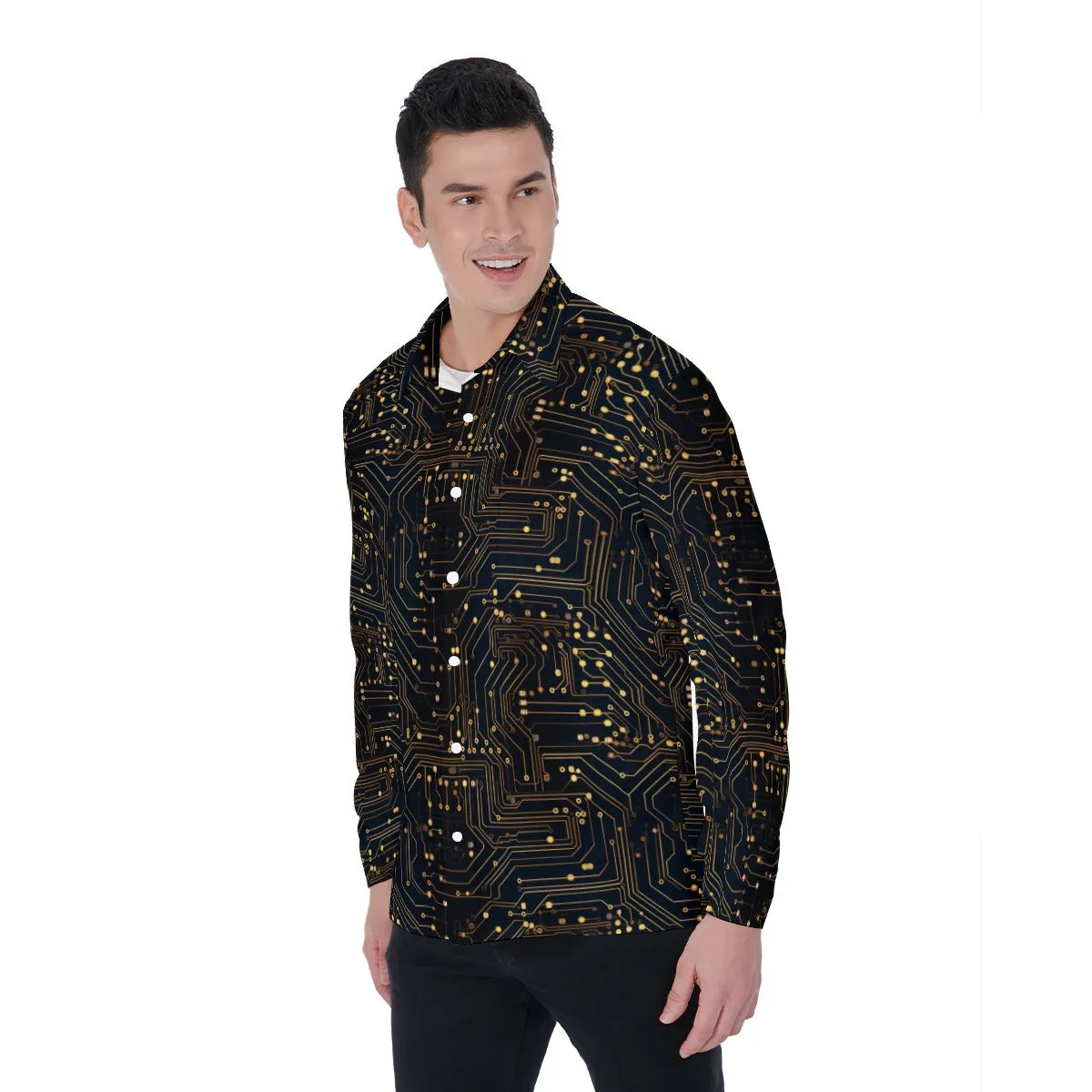 Engineer Men's Lapel Collar Shirt, Circuit Board Programmer Robot Coder Long Sleeve Button Up Dress Nerd Office Plus Size