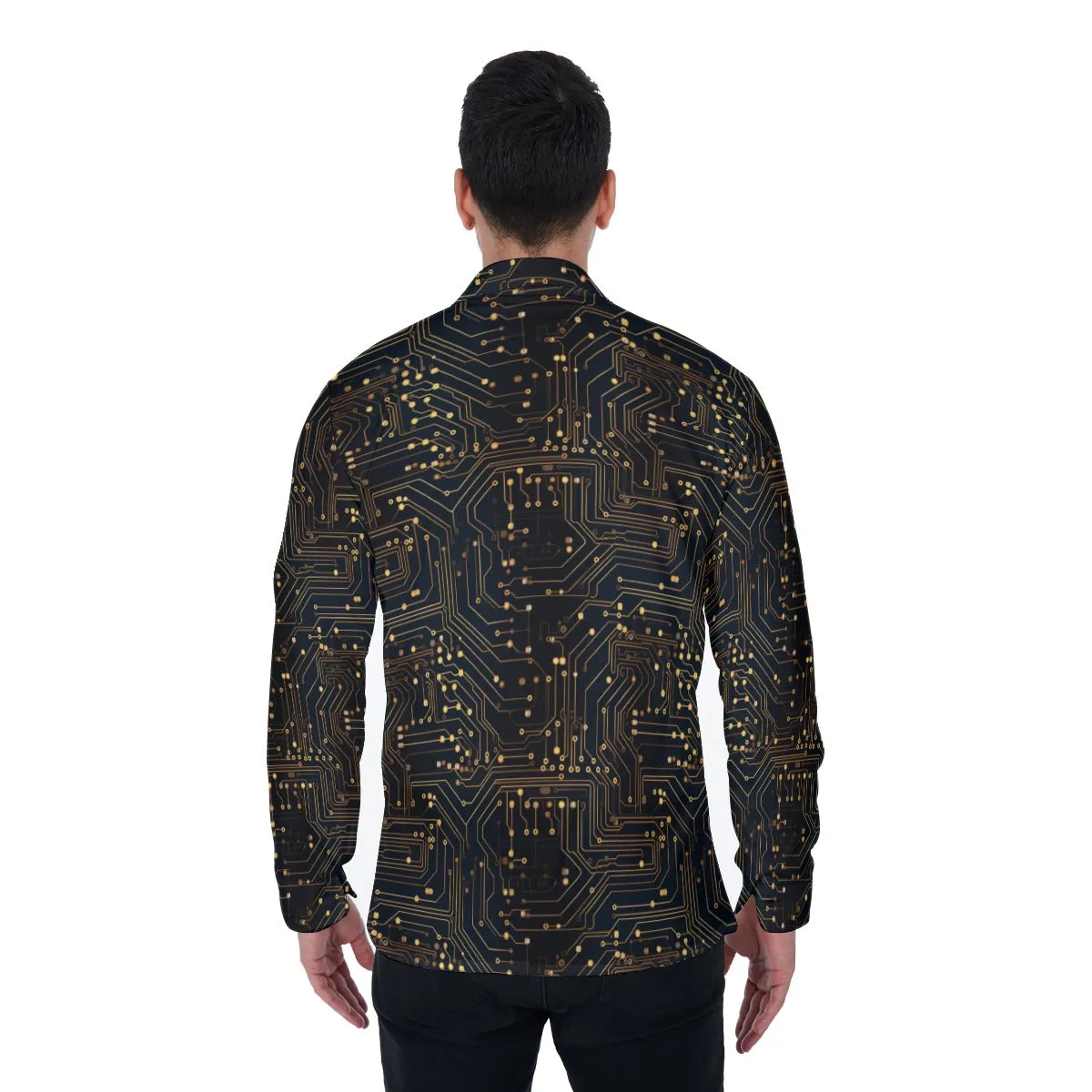 Engineer Men's Lapel Collar Shirt, Circuit Board Programmer Robot Coder Long Sleeve Button Up Dress Nerd Office Plus Size
