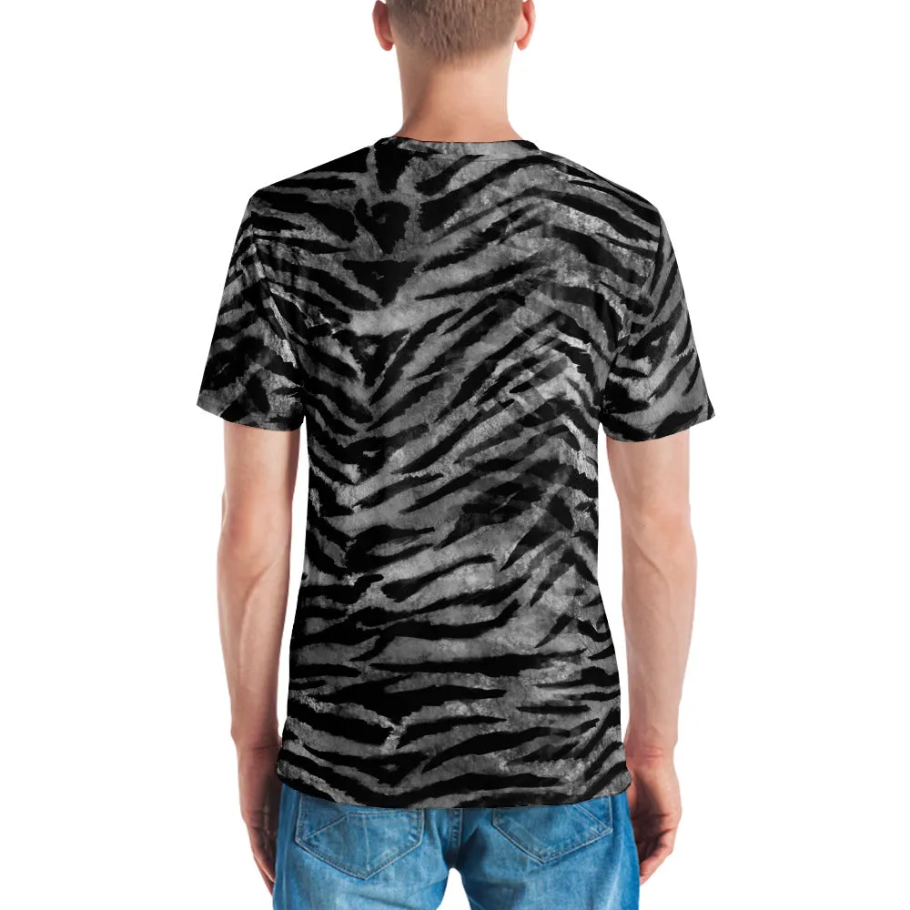 Grey Tiger Stripes Men's T-shirt, Animal Print Premium Tiger Tees For Men-Made in USA/EU