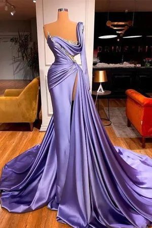 kamahe One Shoulder Long Sleeves Prom Dress Slit Mermaid Party Gowns Overskirt
