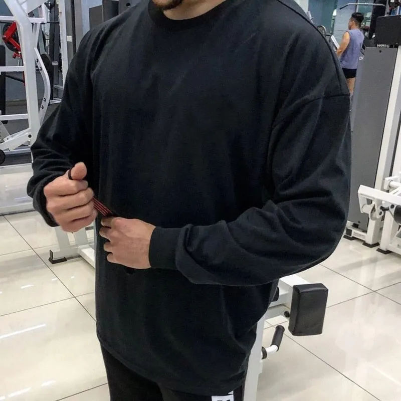 Mens Long Sleeve T Shirts Fitness Running Shirts Cotton Loose Sweatshirts
