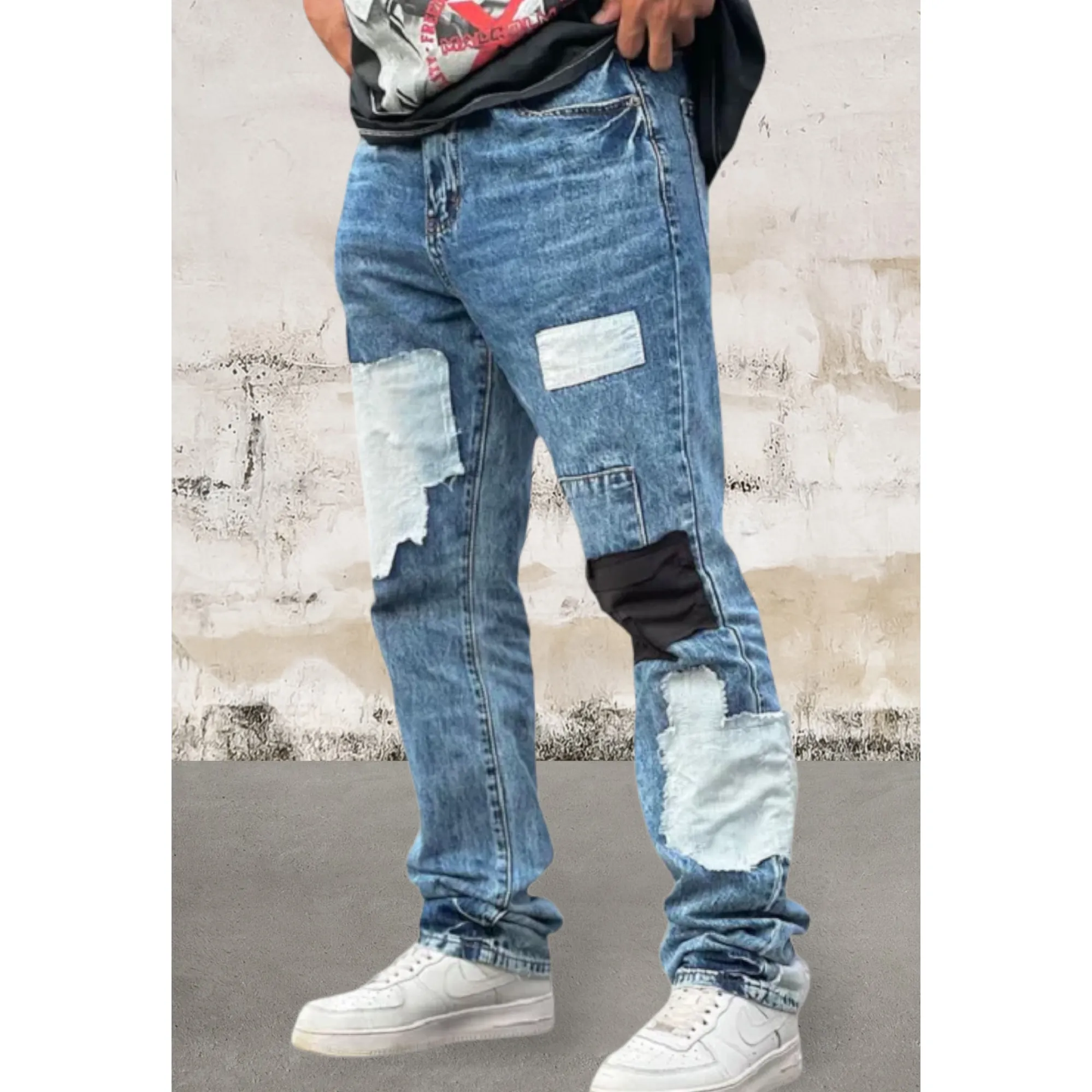 Mens Straight Leg Denim Patch Jeans