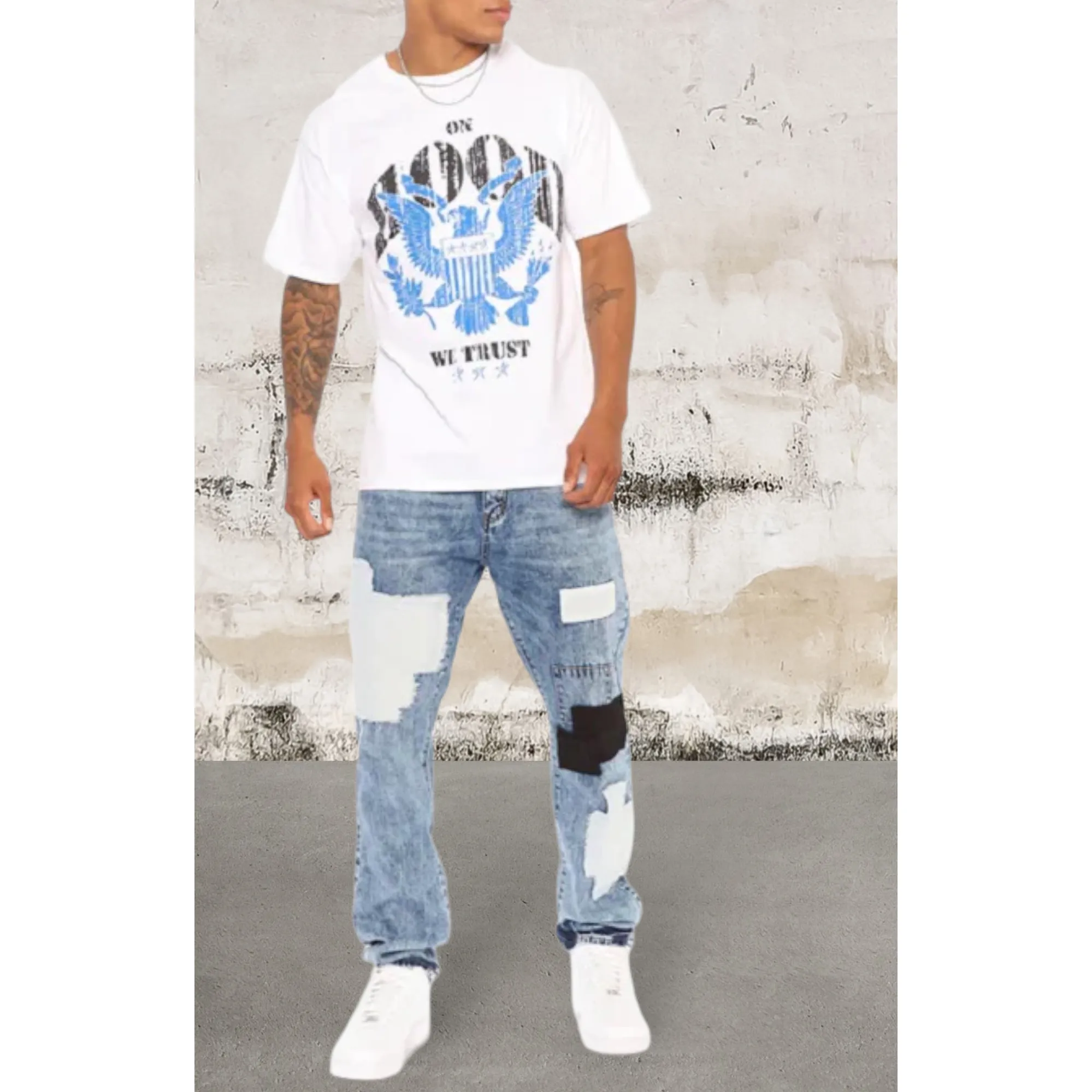 Mens Straight Leg Denim Patch Jeans