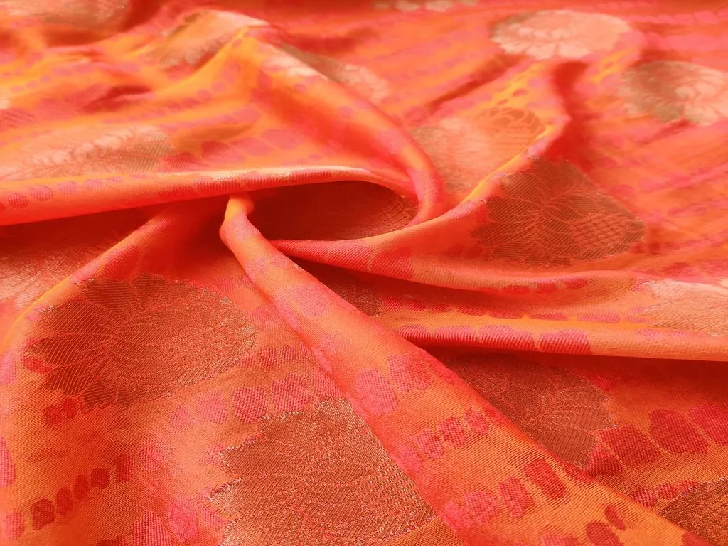 Orange Dual Shade Self Floral Banarasi Silk Fabric