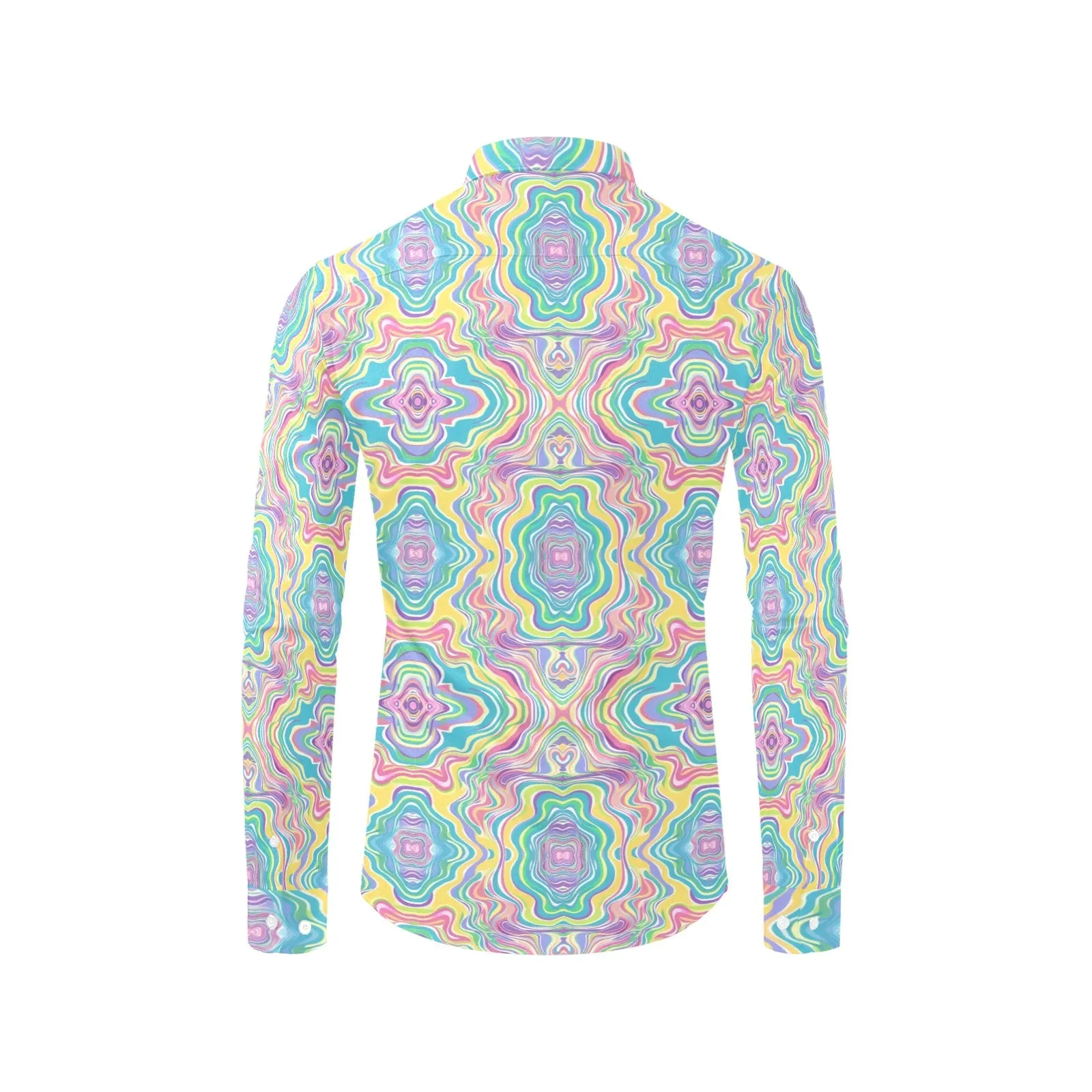 Pastel Psychedelic Long Sleeve Men Button Up Shirt, Vintage Trippy Groovy Rave Funky Print Guys Male Buttoned Collared Dress Chest Pocket