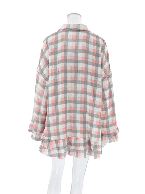 Plaid three-piece suit fashionable ruffled long-sleeved tube top shorts home clothes