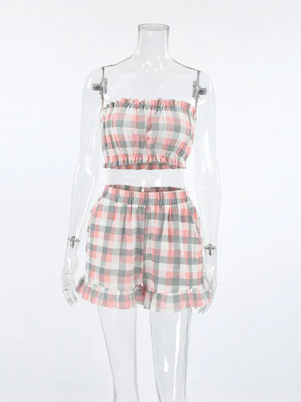 Plaid three-piece suit fashionable ruffled long-sleeved tube top shorts home clothes
