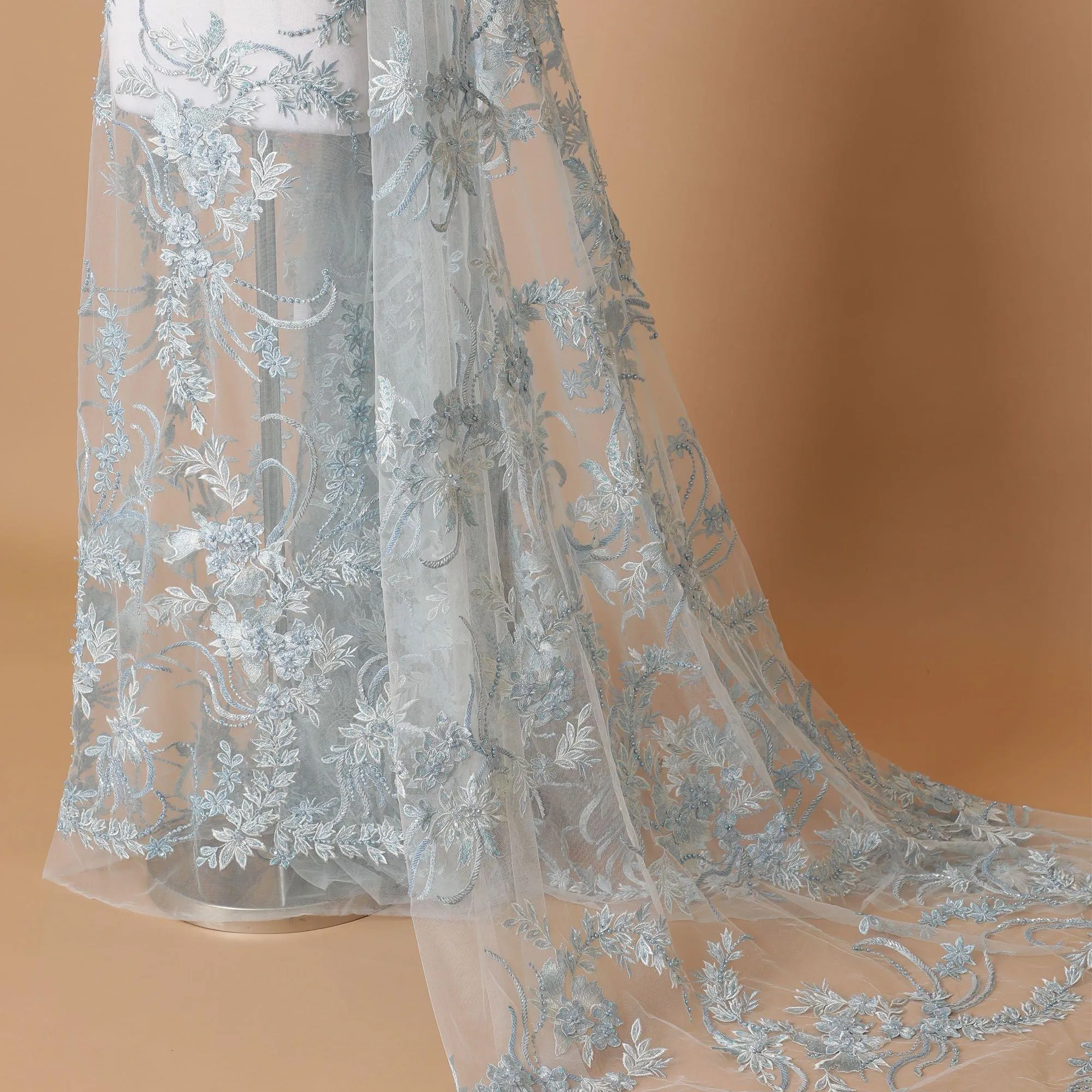 Powder blue Premium wedding nylon tulle fabric with same tone, off white embroidery, applique work and beadwork in floral design-D7914