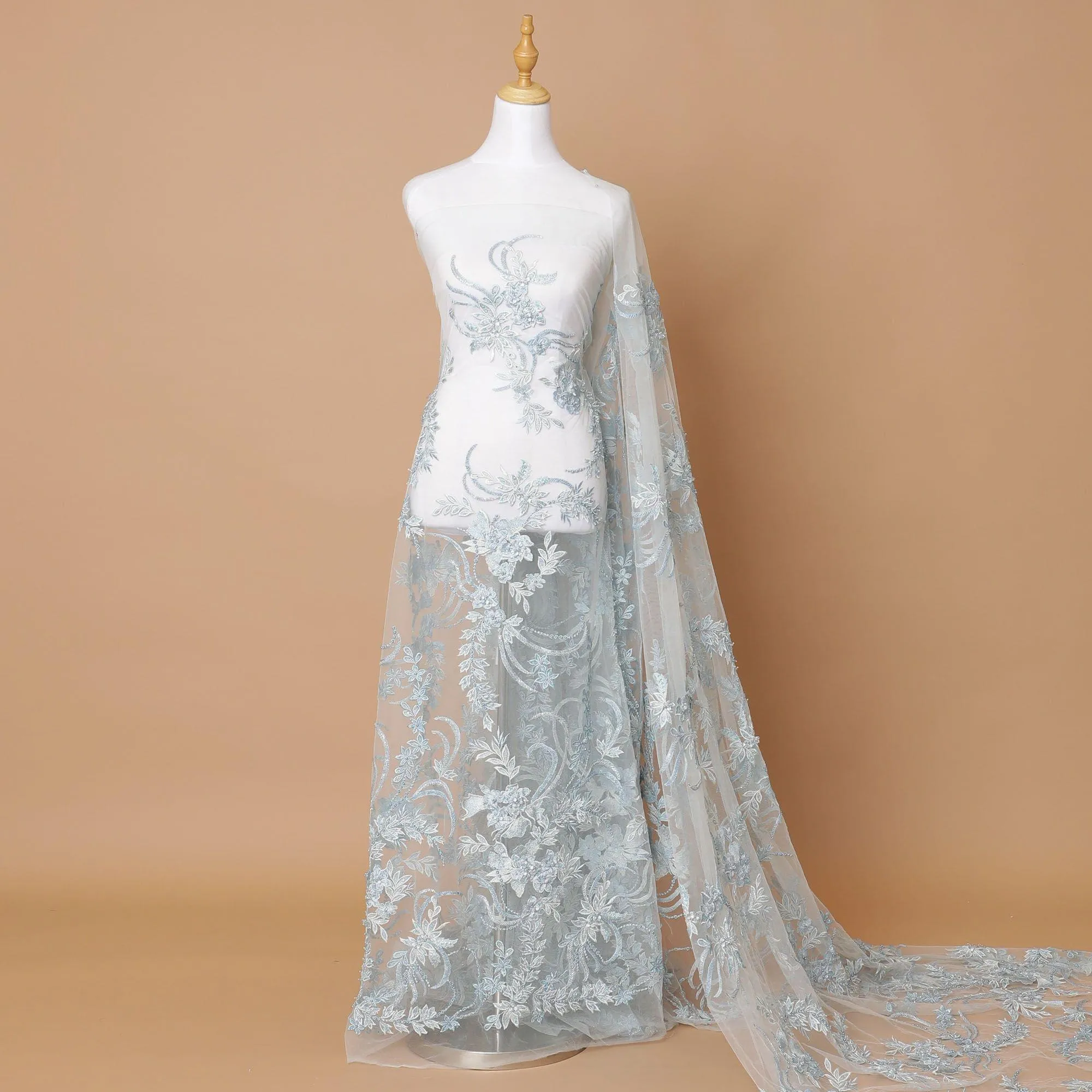 Powder blue Premium wedding nylon tulle fabric with same tone, off white embroidery, applique work and beadwork in floral design-D7914