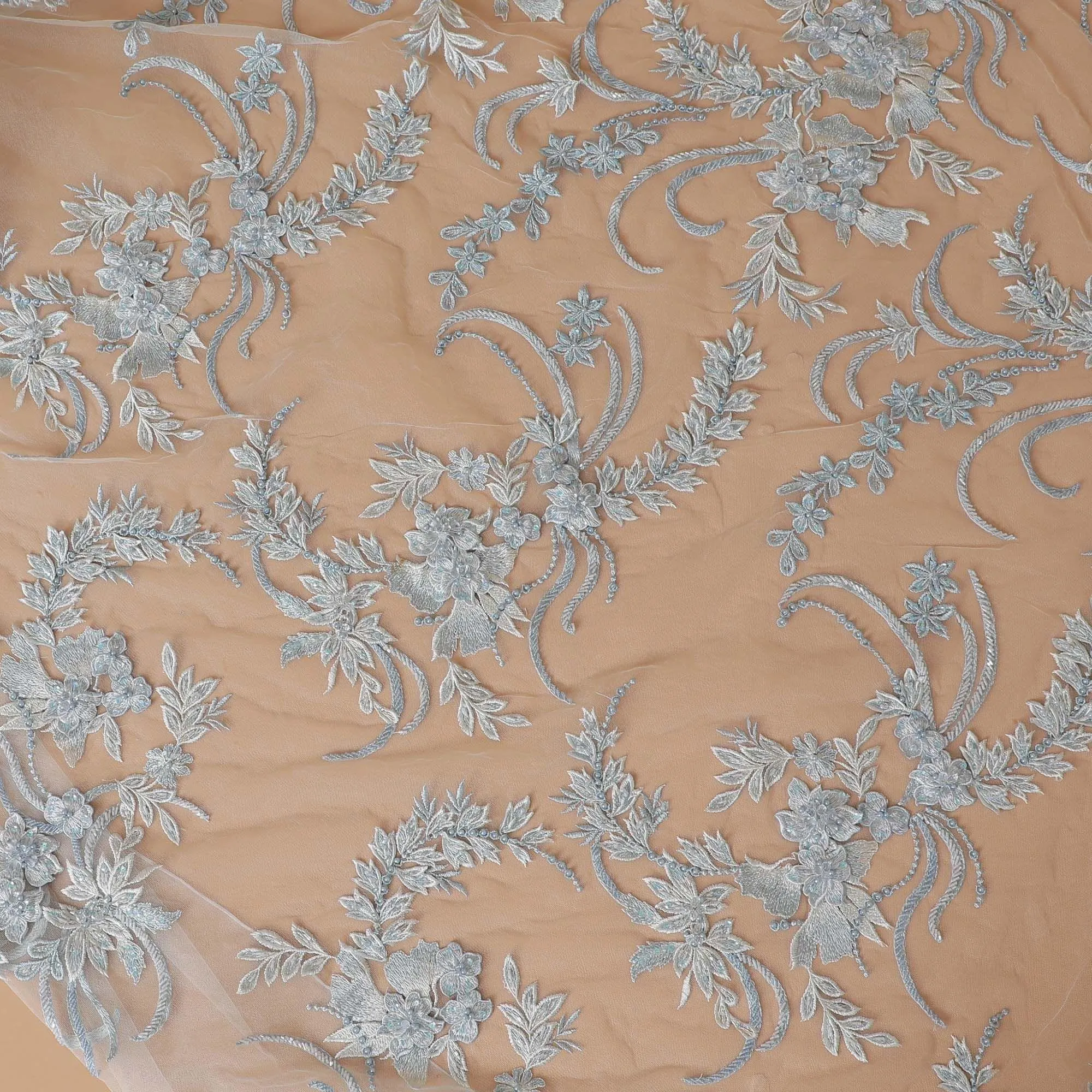 Powder blue Premium wedding nylon tulle fabric with same tone, off white embroidery, applique work and beadwork in floral design-D7914