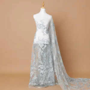 Powder blue Premium wedding nylon tulle fabric with same tone, off white embroidery, applique work and beadwork in floral design-D7914