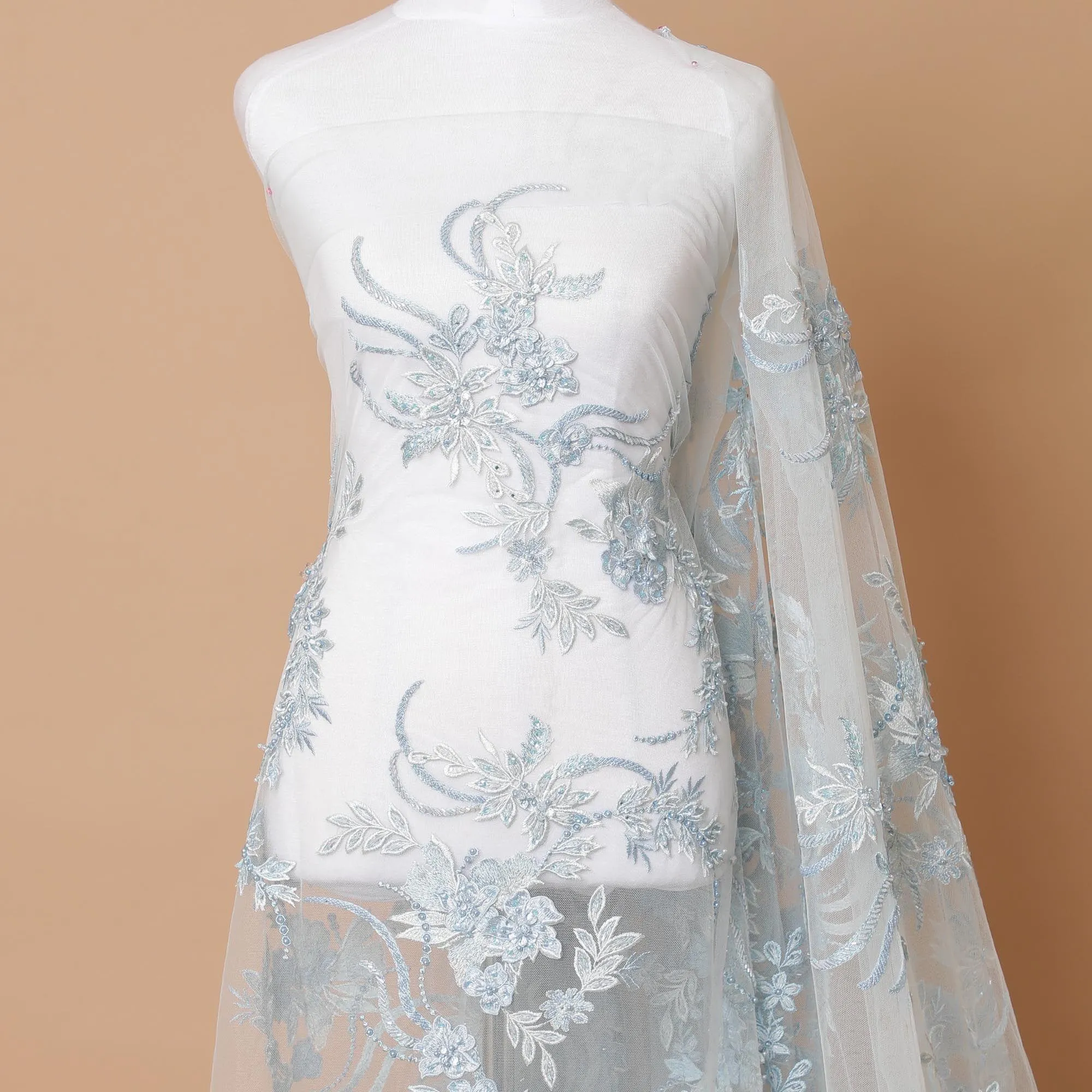 Powder blue Premium wedding nylon tulle fabric with same tone, off white embroidery, applique work and beadwork in floral design-D7914