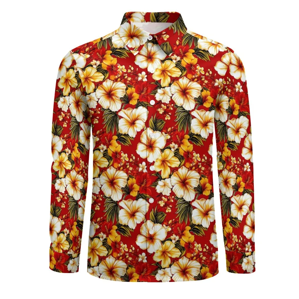 Red Hawaiian Flowers Long Sleeve Men Button Up Shirt, Floral Retro Vintage 70s Print Buttoned Down Collar Casual Dress 1970 Chest Pocket
