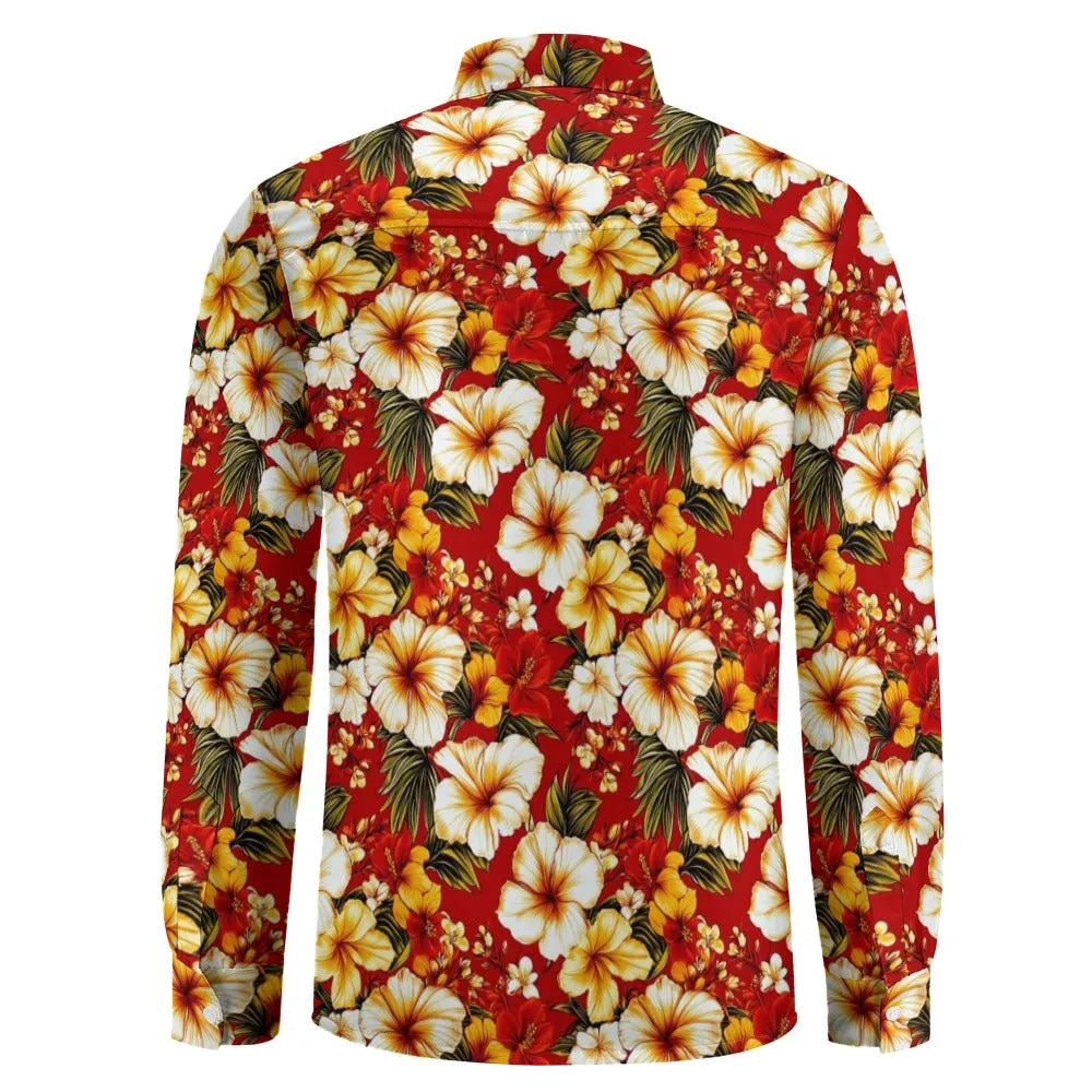 Red Hawaiian Flowers Long Sleeve Men Button Up Shirt, Floral Retro Vintage 70s Print Buttoned Down Collar Casual Dress 1970 Chest Pocket