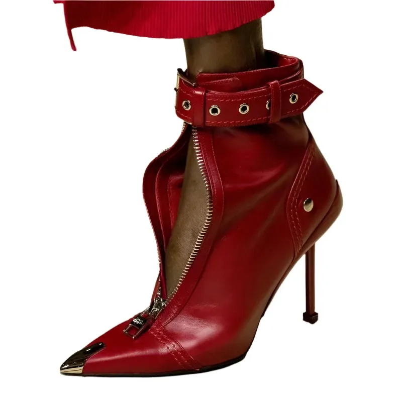 Red Pointed Toe Ankle Boots for Women - Belt Buckle, Front Zipper, Metal Decoration, High Heel Fashion Booties for Autumn/Winter