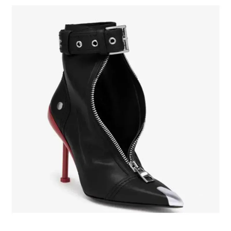 Red Pointed Toe Ankle Boots for Women - Belt Buckle, Front Zipper, Metal Decoration, High Heel Fashion Booties for Autumn/Winter