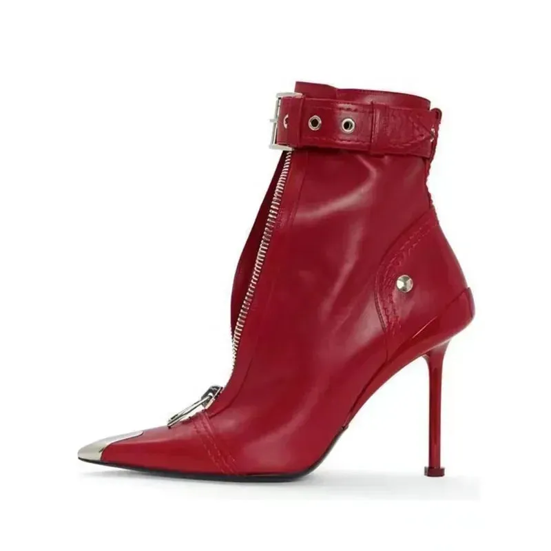 Red Pointed Toe Ankle Boots for Women - Belt Buckle, Front Zipper, Metal Decoration, High Heel Fashion Booties for Autumn/Winter