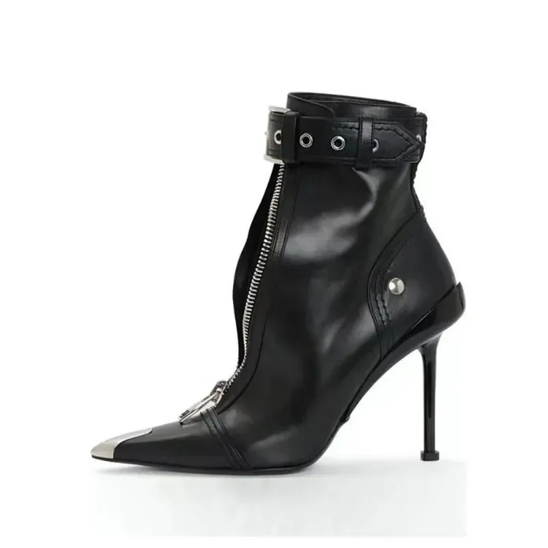 Red Pointed Toe Ankle Boots for Women - Belt Buckle, Front Zipper, Metal Decoration, High Heel Fashion Booties for Autumn/Winter