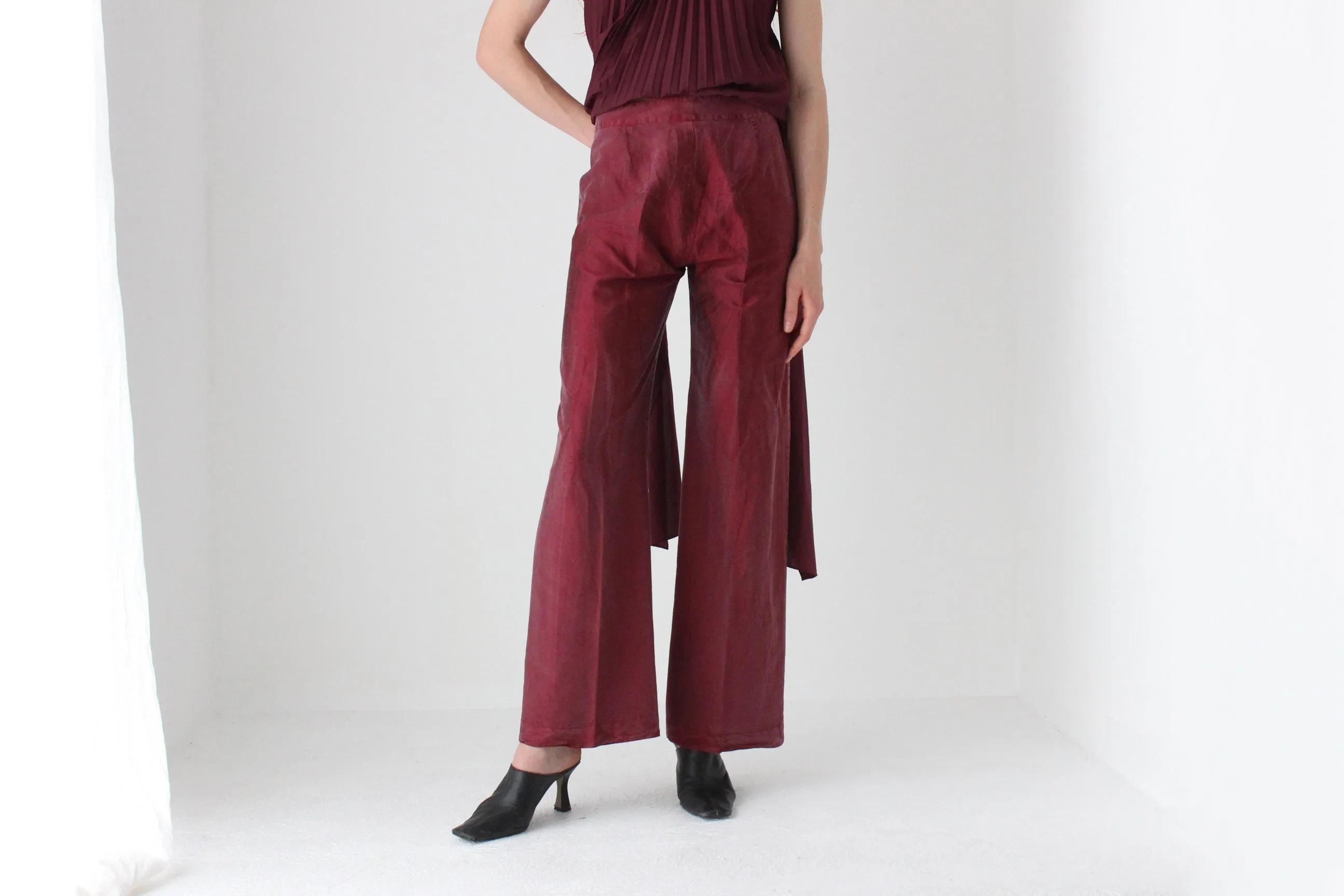 Textured 90s Raw Silk Burgundy Wide Leg Trousers