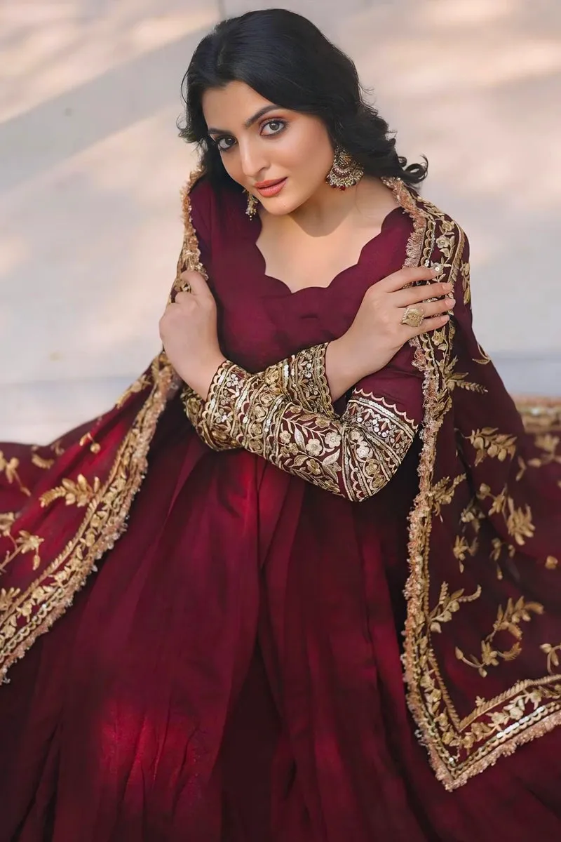 Traditional Maroon Gown With Golden Embroidery For Wedding