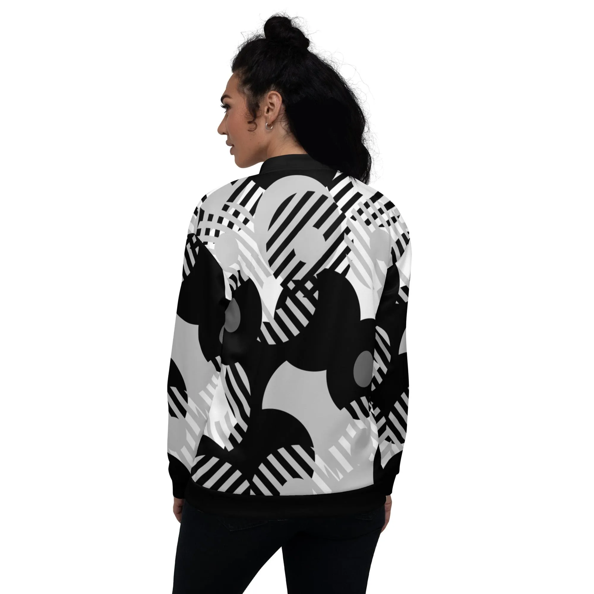 Womens Bomber Jacket, Black & Grey Geometric Style