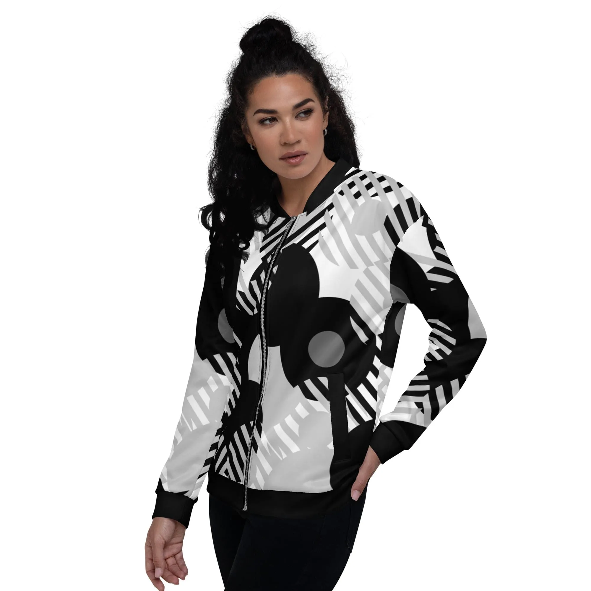 Womens Bomber Jacket, Black & Grey Geometric Style