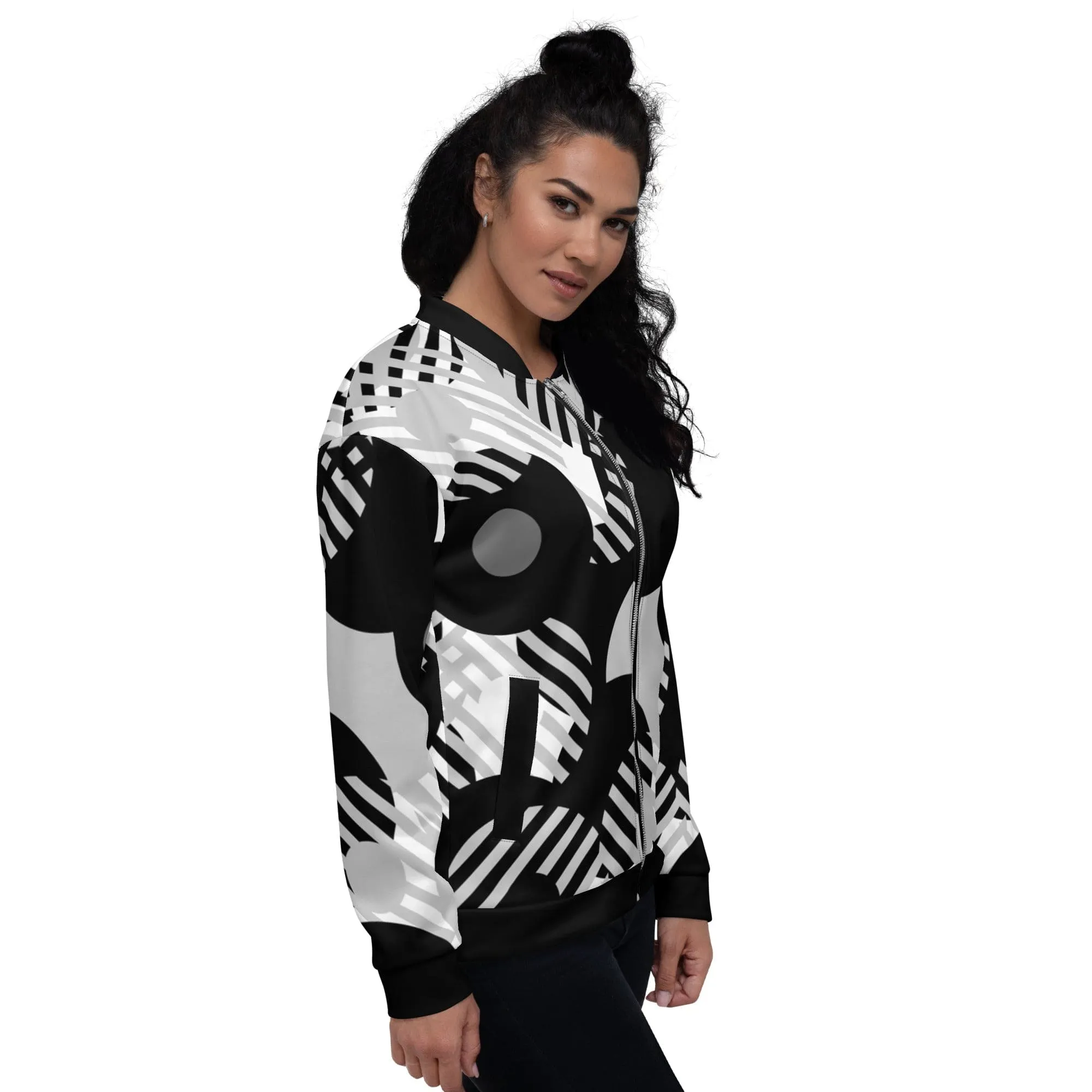 Womens Bomber Jacket, Black & Grey Geometric Style