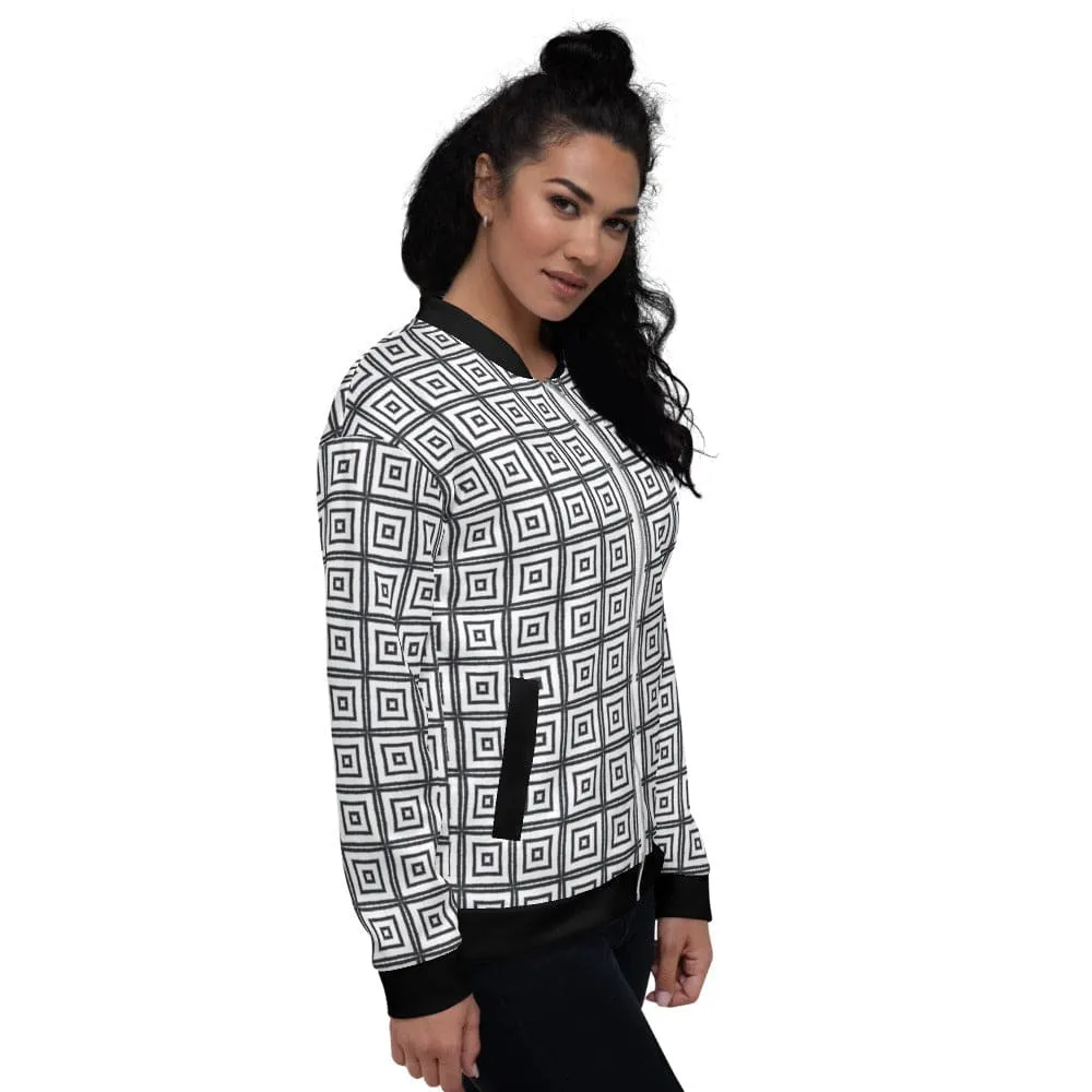 Womens Bomber Jacket / Black and White Argyle Squares