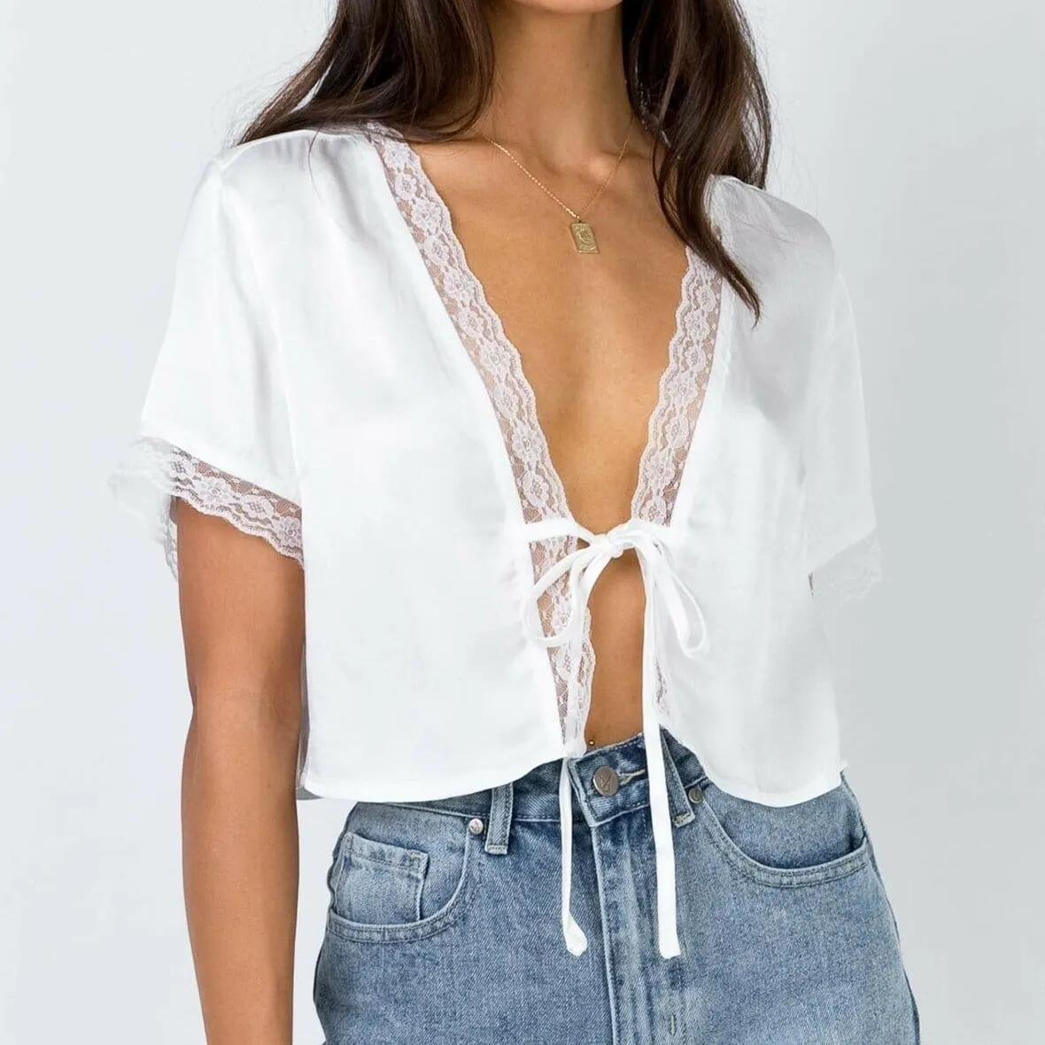 Women's Lace Silk Satin Short Sleeve White Casual Crop Top Shirts
