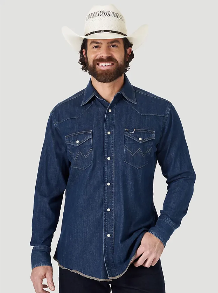 WRANGLER COWBOY CUT LONG SLEEVE WESTERN DENIM SNAP WORK SHIRT IN DARK DENIM STYLE MS1041D