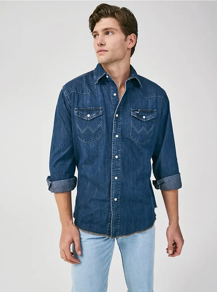WRANGLER COWBOY CUT LONG SLEEVE WESTERN DENIM SNAP WORK SHIRT IN DARK DENIM STYLE MS1041D