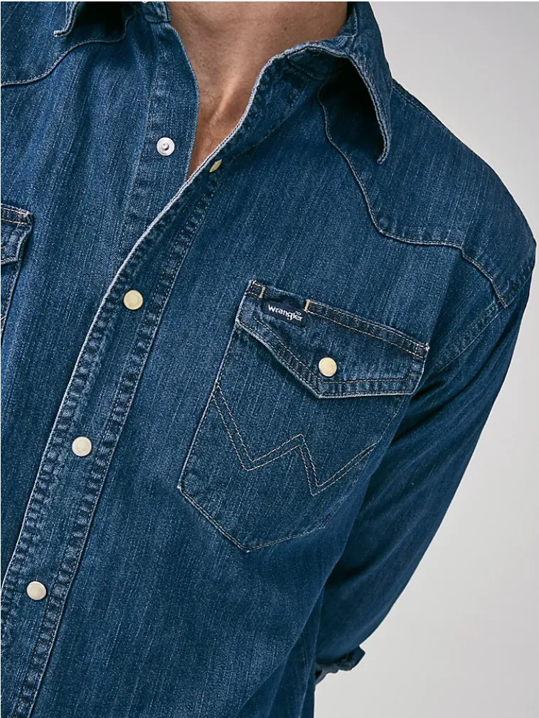 WRANGLER COWBOY CUT LONG SLEEVE WESTERN DENIM SNAP WORK SHIRT IN DARK DENIM STYLE MS1041D