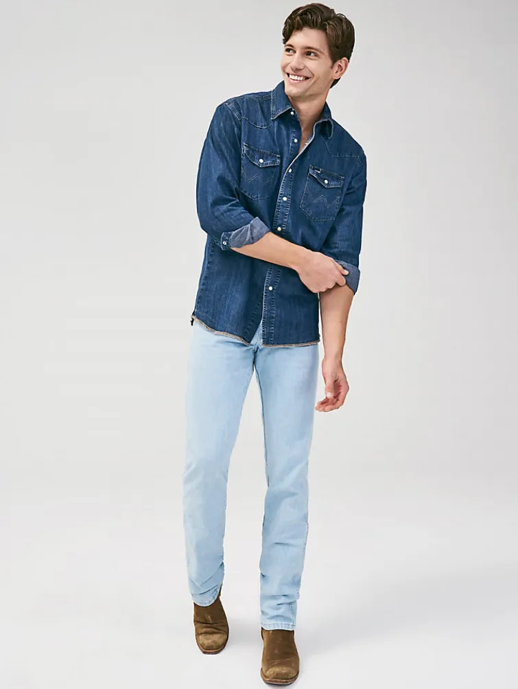 WRANGLER COWBOY CUT LONG SLEEVE WESTERN DENIM SNAP WORK SHIRT IN DARK DENIM STYLE MS1041D